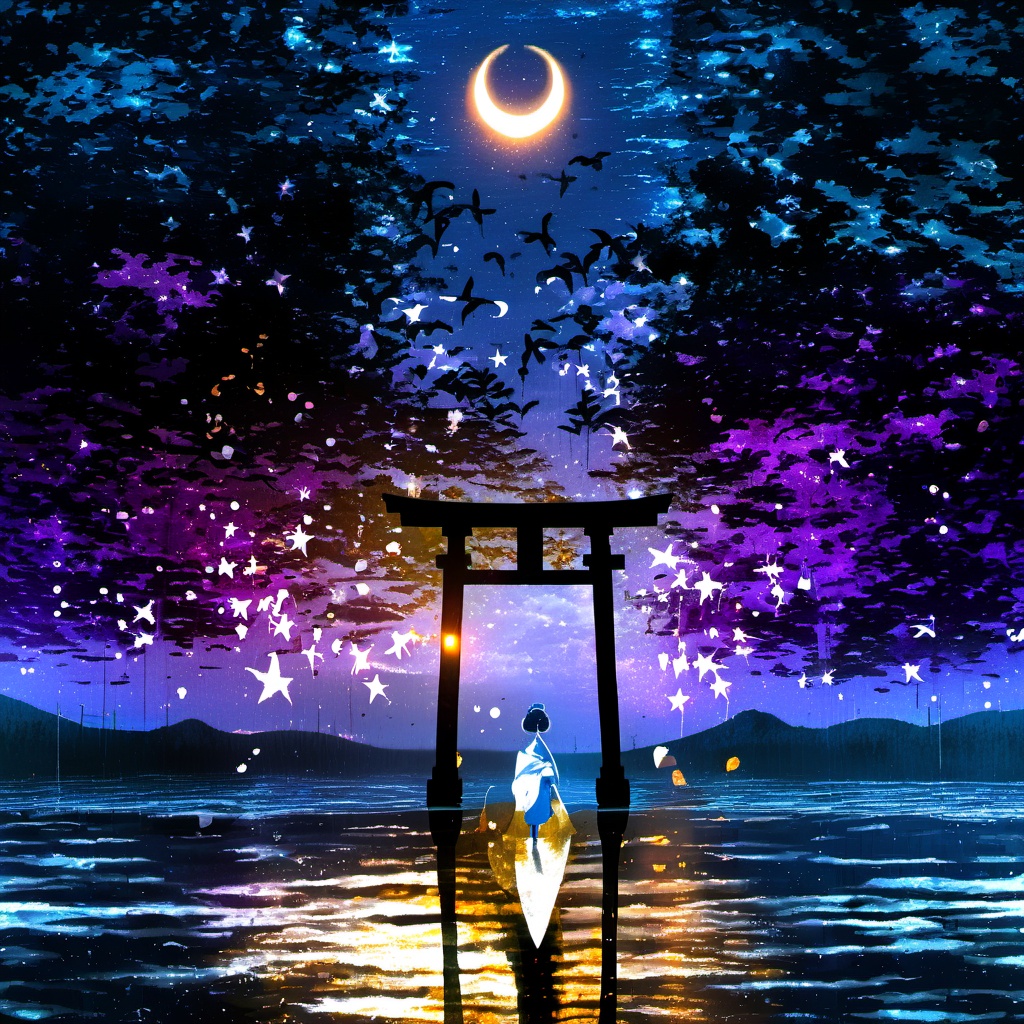 <lora:star_xl_v2:1>,a person standing in front of a lantern in the dark with a crescent on it and a full moon in the sky, 1girl, solo, standing, japanese clothes, sky, water, tree, night, moon, bug, scenery, silhouette, torii, crescent moon, star \(sky\), nature, starry sky, The image portrays a serene and mystical night scene. In the foreground, there's a silhouette of a person standing in front of a large, ornate torii gate. The gate is illuminated from the inside, casting a warm, golden glow. The person is dressed in traditional attire, possibly a kimono, and is facing away from the viewer, looking towards the horizon. The background is filled with a mesmerizing blend of colors, predominantly blues and purples, representing the night sky. There are numerous stars scattered throughout, and a crescent moon is visible in the center. The water below reflects the colors of the sky, adding to the tranquility of the scene. On the right side, there's a silhouette of a butterfly, adding a touch of life and movement to the otherwise still image., serene, mystical, night scene, torii gate, golden glow, traditional attire, stars, butterfly