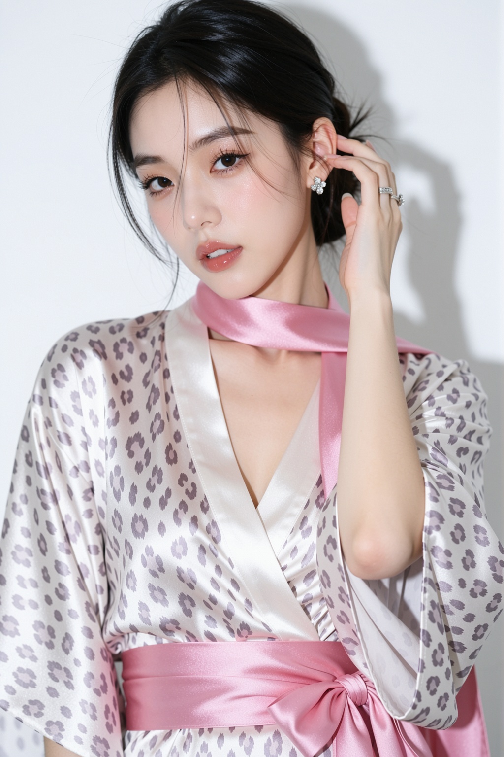 画面呈现一位年轻女性的半身近景特写,  她身体微微向左侧转动,  左手优雅地抬起轻抚右耳旁 on Tensor.Art