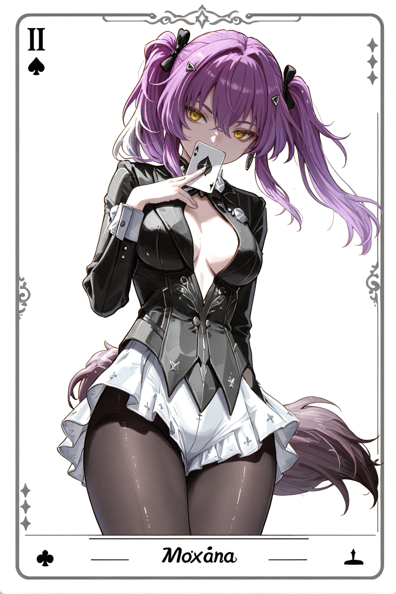 Poker background,poker design,real poker,ace,♠️A,White background,simple background,white theme,folds,close your mouth,poker card,card,solo,monochrome,poker Poker ♥,Trump card,card,poker,ace (playing card),joker_(playing_card),(daram_(shappydude):0.55),(moto_murabito:0.625),(murata_range:0.65),(shigatake:0.45),(hiten:0.65),(aaaa \(quad-a\):0.4),(card_\(theme\):1.1),solo,(white-color-scheme:1.1),Character card,thick line,solo,card border,frame pattern,facial lighting,",Poker,<lora:yixuan-moxin-ill-Tanger:0.8>,clothes: moxing black suit,white  ruffled underdress peeks,attached auxiliary sleeves,black pantyhose,moxing black suit jacket,<lora:lupawave-ill-Tanger:0.8>,lupa \(Wuthering Waves\),lupa hair ornament,1girl,twintails,breasts,purple hair,yellow eyes,tail,