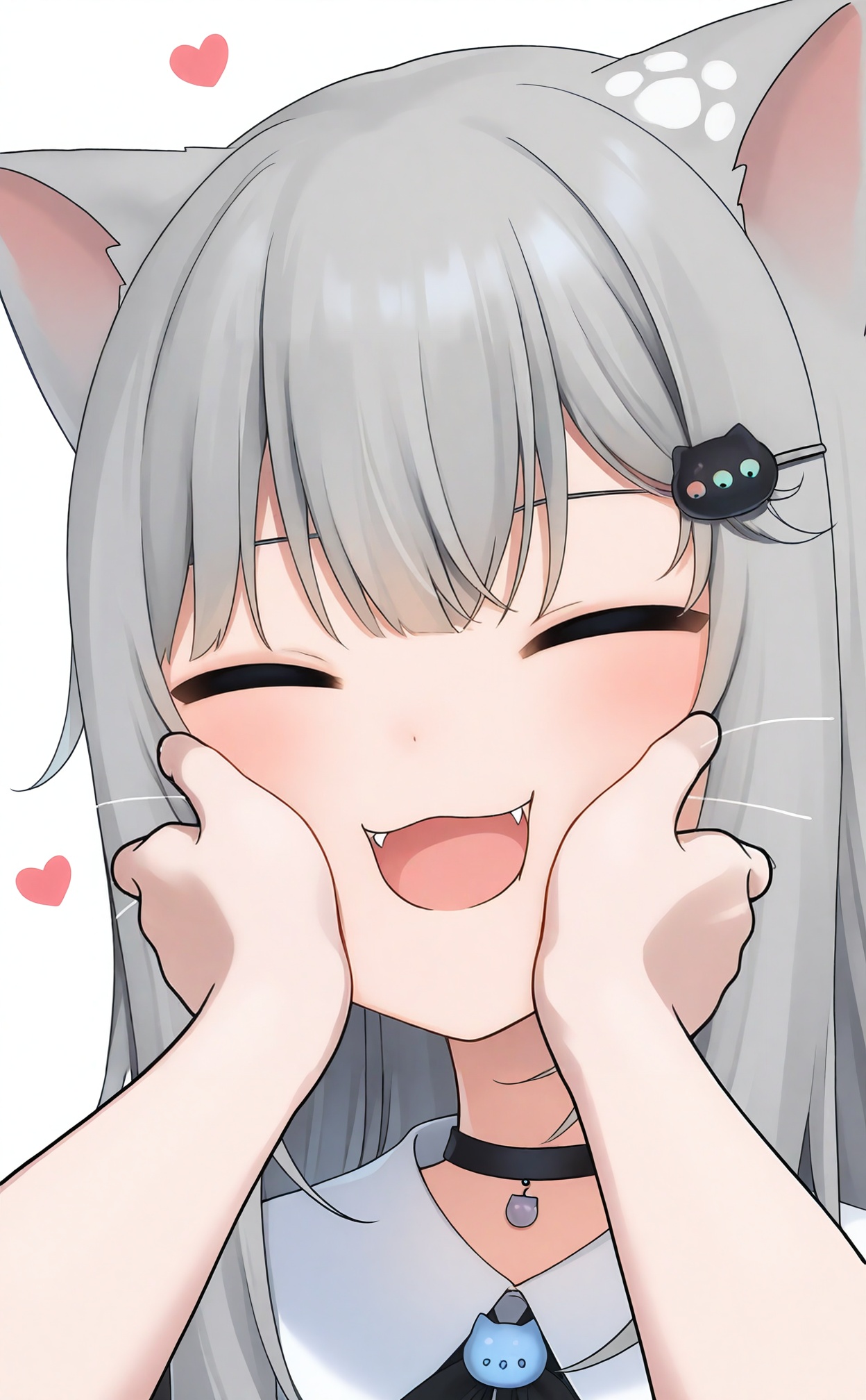 masterpiece,absurdres,best quality,loli,petite,high quality,chromatic_aberration,//,1girl, grey_hair, closed_eyes, fangs, animal_ears, virtual_youtuber, cat_ears, hair_ornament, facing_viewer, white_background, long_hair, heart, simple_background, hairclip, hands_on_another's_cheeks, open_mouth, solo_focus, smile, hands_on_another's_face, black_choker, collared_shirt, whiskers, pov_hands, pov, cat_hair_ornament, choker, nyan, shirt, :d, cat_girl, eyebrows_hidden_by_hair, romaji_text, blush, cheek_squash, portrait, hands_up, :3, collared_dress, out_of_frame, 1other, upper_body, white_shirt//,//,<lora:gancheng——【noob】hans:0.88>,