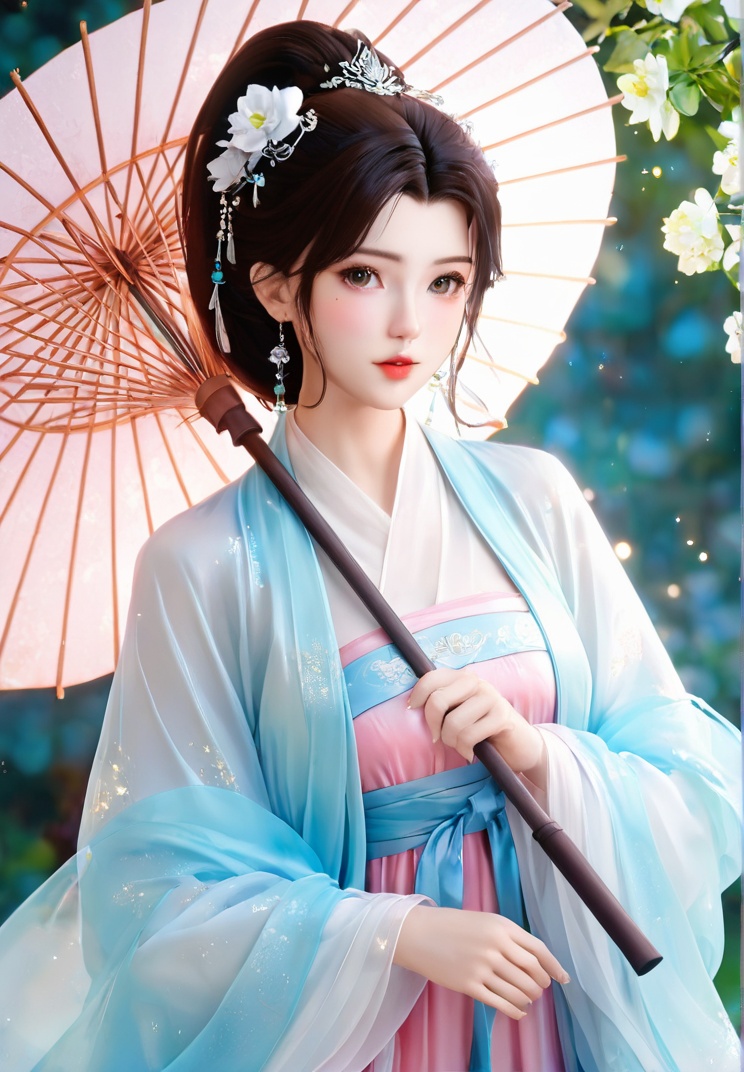 donghua,\(glow\),emit light,figure,donghua,figure,\(glow\),emit light,Hanfu,O,1girl, solo, umbrella, looking at viewer, jewelry, holding, holding umbrella, long hair, earrings, hair ornament, oil-paper umbrella, flower, upper body, mole under eye, hair flower, parted lips, chinese clothes, mole, bangs, long sleeves, blush, black hair, brown hair, leaf, ponytail, from side, white flower, flower earrings, hanfu,light particles chinese clothes hanfu ice blue hair flower background long sleeves <<lora:Nephrite Nymph(IL):0.3>Nephrite Nymph <lora:国潮古风_v2_il-v1-20:0.31> <lora:aidmaImageUpgrader-v0.3-IL:0.31>aidmaImageUpgrader <lora:20250612-1749733143985:1c0.3>