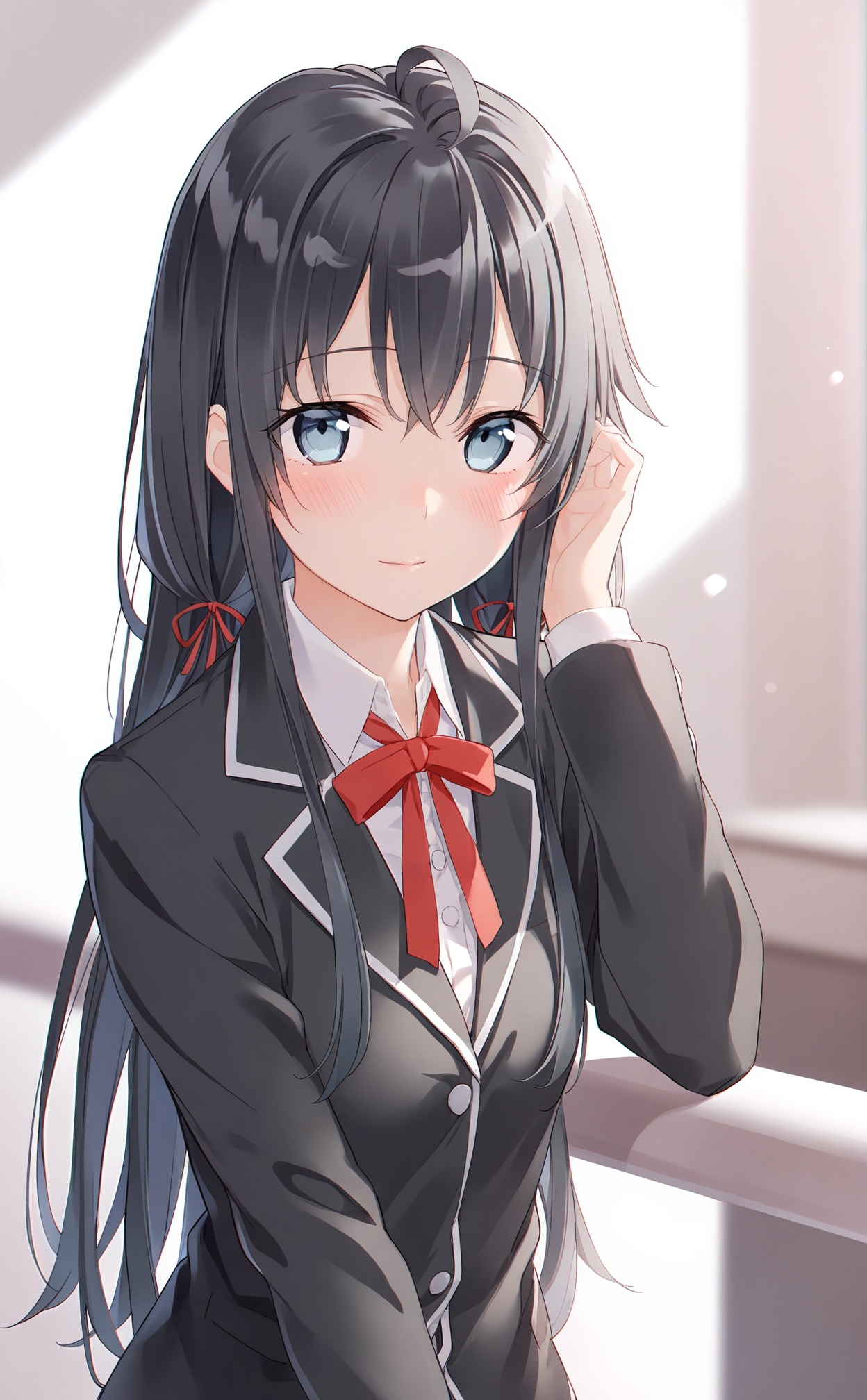 mmasterpiece,absurdres,best quality,petite,high quality,chromatic_aberration,//,1girl, sobu high school uniform, yukinoshita yukino, solo, long hair, jacket, school uniform, shirt, blue eyes, black jacket, ribbon, blazer, looking at viewer, black hair, white shirt, smile, collared shirt, upper body, red ribbon, neck ribbon, hair ribbon, blush, closed mouth, ahoge, hair between eyes, bowtie, long sleeves, bow, sidelocks//,<lora:kinako_(shiratama_mochi)——【noob】hans:0.95>,