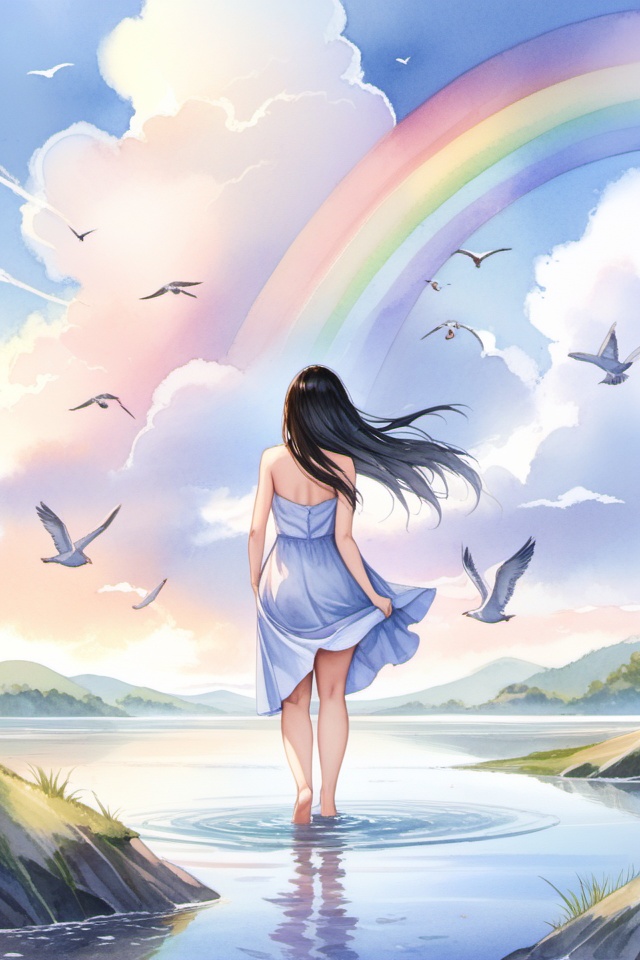 masterpiece, best quality, absurdres, illustration, watercolor, 1girl, solo, long hair, black hair, dress, skirt hold, wading, sleeveless, barefoot, bare shoulders, standing, from behind, outdoors, cloud, sky, bird, water, rainbow,