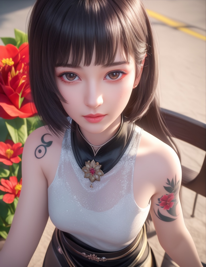 <lora:537-DA-百炼成神-赵小花:0.8>(,1girl, ,best quality, ),looking at viewer,  ,,ultra detailed background,ultra detailed background,ultra realistic 8k cg,, ,masterpiece, (( , )),ultra realistic 8k cgSurrounded by strange, movie perspective, advertising style, Colorful background, splash of color A beautiful woman with delicate facial features,tattoo all over body, flower arms,from above,
