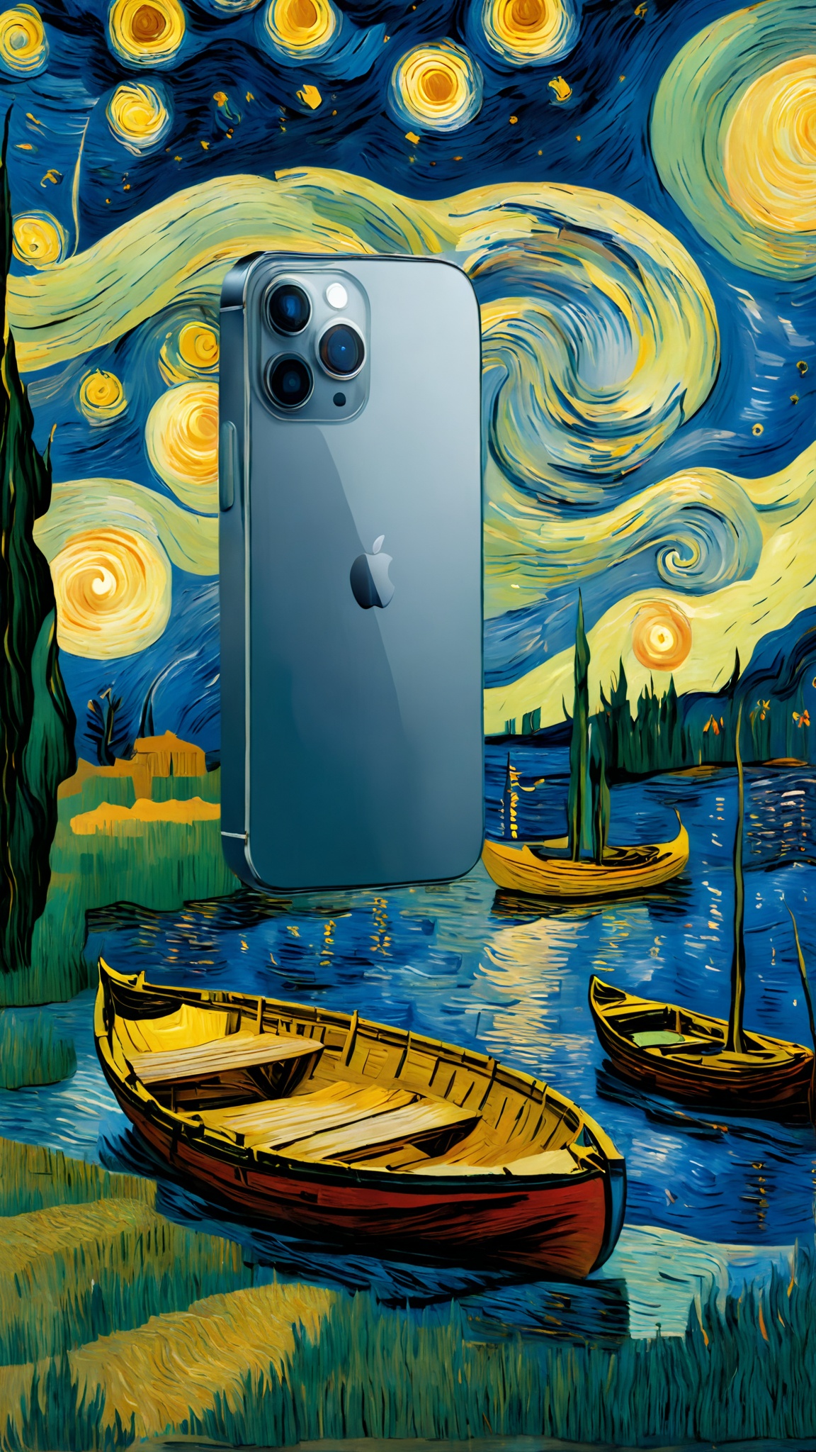 jistarrynight,A iphone is displayed on a lake,with boats and trees in the distance,and the sky is starry night,van Gogh,<lora:jistarrynight V1.0:1.1>,