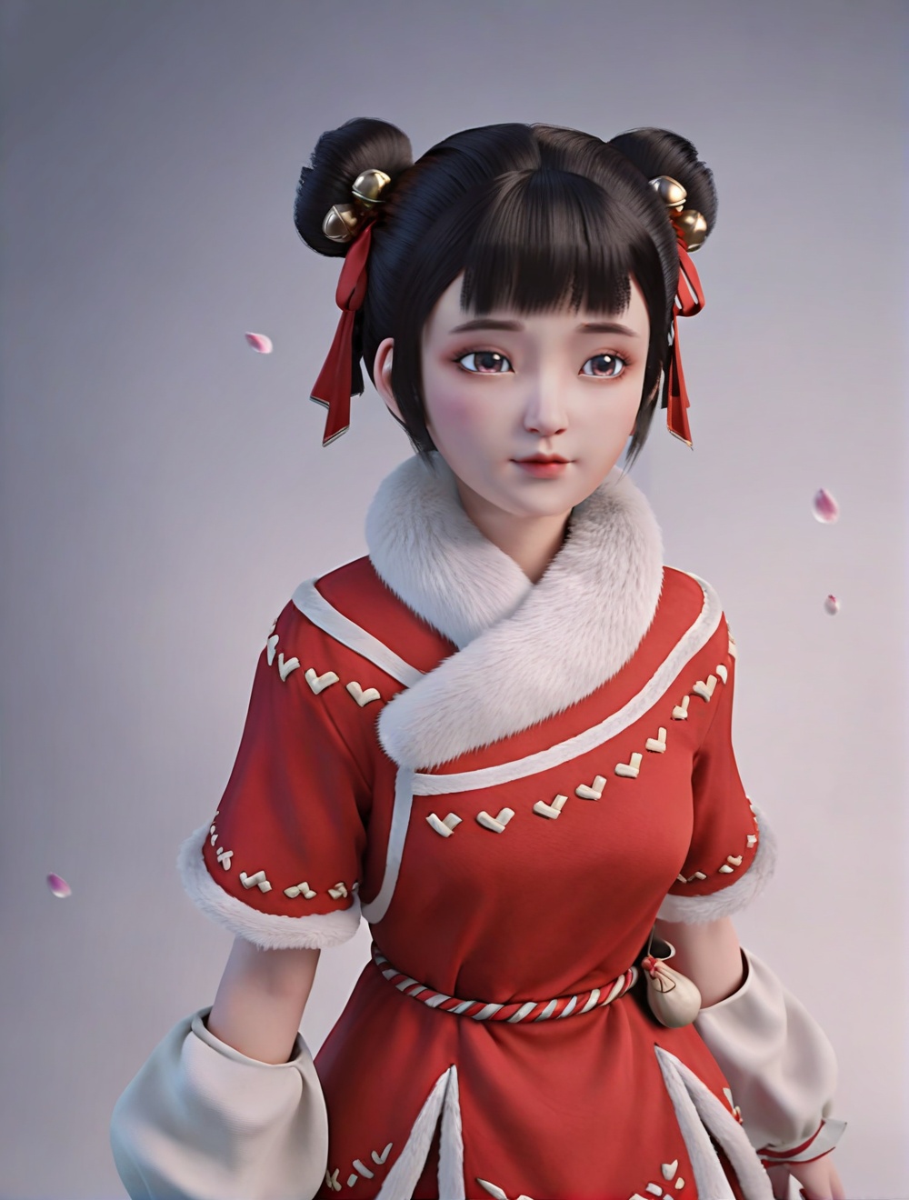 fair_skin,white_skin,Ivory_skin,score_9,<lora:SF_XiaoBaoPing_Pony_Realism-000004:0.72>,red dress,hair ornament,black hair,bangs,double bun,fur trim,bell,1girl,breasts,standing,puffy sleeves,solo,falling petals,looking at viewer,simple background,cowboy_shot,arms at sides,