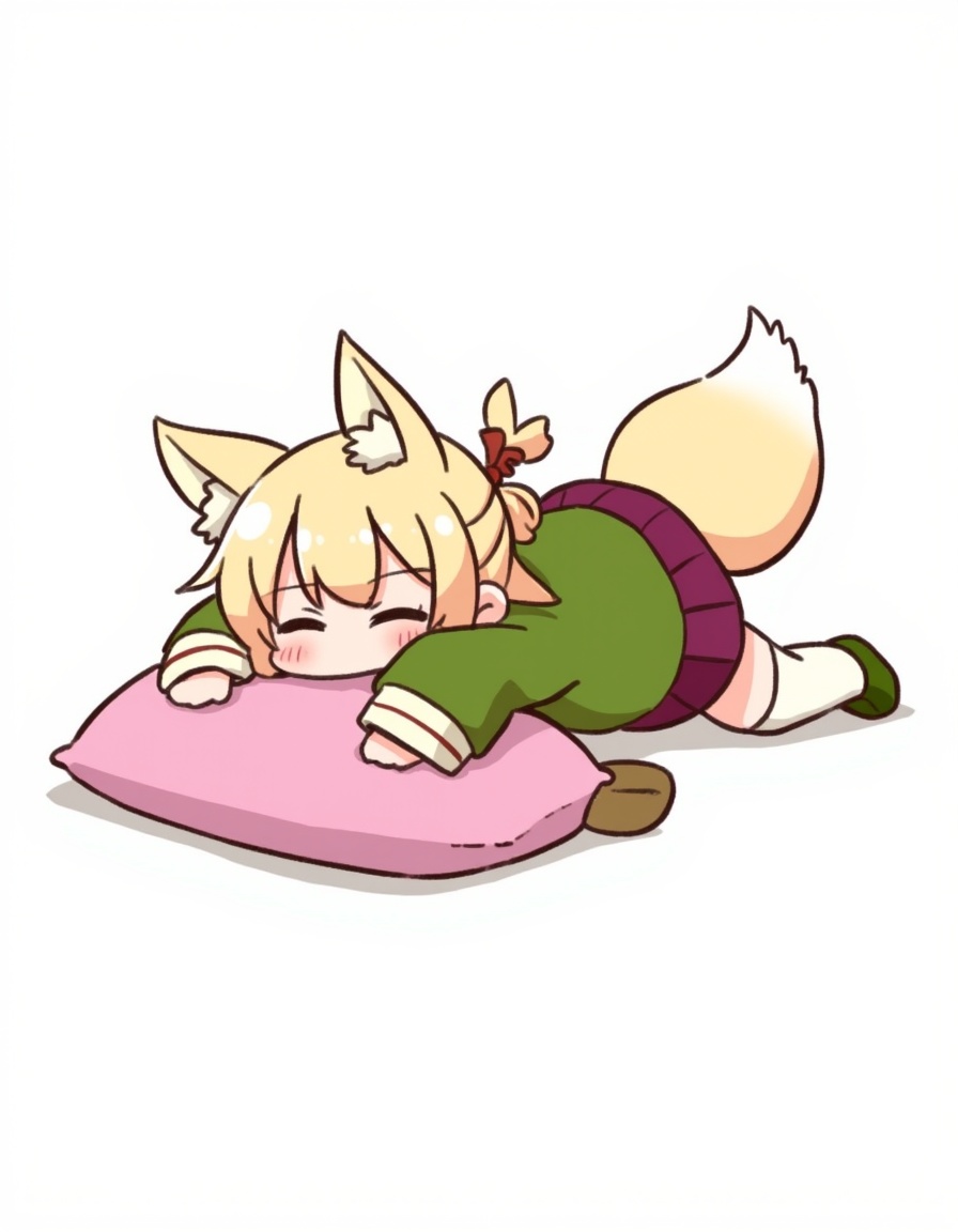 <lora:flux-test-loraqkv:1>,artist_kemomimi-chan_\(naga_u\),1girl, animal_ears, bell, blonde_hair, closed_eyes, collar, commentary_request, fox_ears, fox_tail, green_sweater, hair_bun, half_updo, kemomimi-chan_\(naga_u\), lying, naga_u, on_stomach, original, pink_skirt, simple_background, single_hair_bun, skirt, sleeves_past_fingers, sleeves_past_wrists, socks, solo, sweater, tail, thighhighs, white_backgroundi,The image is a digital illustration of a cartoon character lying on a pink pillow. The character has blonde hair and is wearing a green outfit with a purple scarf around its neck. She has a pair of green slippers on her feet and is resting her head on her hands. Her eyes are closed and she appears to be sleeping. The background is white.