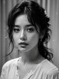 1girl,solo,monochrome,greyscale,looking at viewer,realistic,parted lips,lips,white shirt,long hair,close-up,exquisite makeup,upper body,masterpiece,best quality,8k,insane details,intricate details,high detail,((masterpiece)),((best quality)),