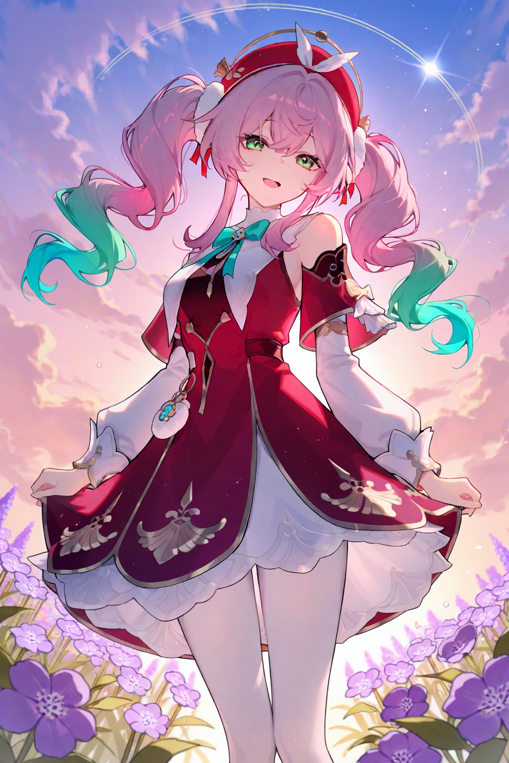 hyacine,anon,crisp,gwwj,melting,Tender,1girl,flower,solo,pink hair,dress,sky,red headwear,open mouth,hat,smile,white pantyhose,detached sleeves,outdoors,looking at viewer,purple flower,twintails,cloud,long hair,pantyhose,green eyes,