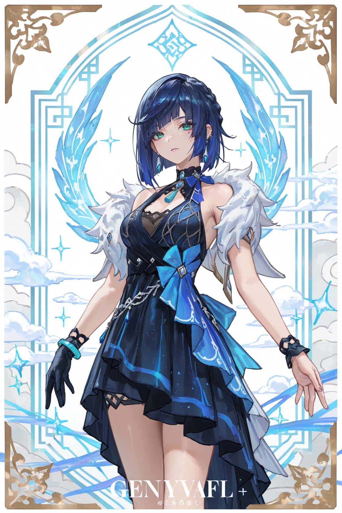 8k,masterpiece,best quality,amazing quality,very aesthetic,absurdres,(ultra-detailed),(high detailed skin),((artist:betabeet)),artist:john_kafka,artist:nixeu,artist:quasarcake,((artist:reoen),(artist:fuzichoco),(artist:atdan),(artist:torino_aqua),year 2024:0.8),(by xilmo, by modare, by reoen:1.1),(hyperrealistic:1.1),(high_contrast:1.1),(holy_(\theme\):1.2),(card_\(theme\):1.1),solo,(white-color-scheme:1.1),character card,abstract sun,moon and stars,thick line,solo,<lora:yela_new-ill-Tanger:0.8>,yelan \(genshin impact\),clothes: yelanew blue-and-black dress,yelanew alternate costume,1girl,yelanew single glove,jewelry,bracelet,blue hair,bangs,green eyes,sleeveless,yelanew fur trim,(yelandef fur-trimmed capelet:-0.15),<lora:neg101-000008:0.5>,murals,holy light,mural sun,simple white background,angels come,clouds,card border,frame pattern,facial lighting,