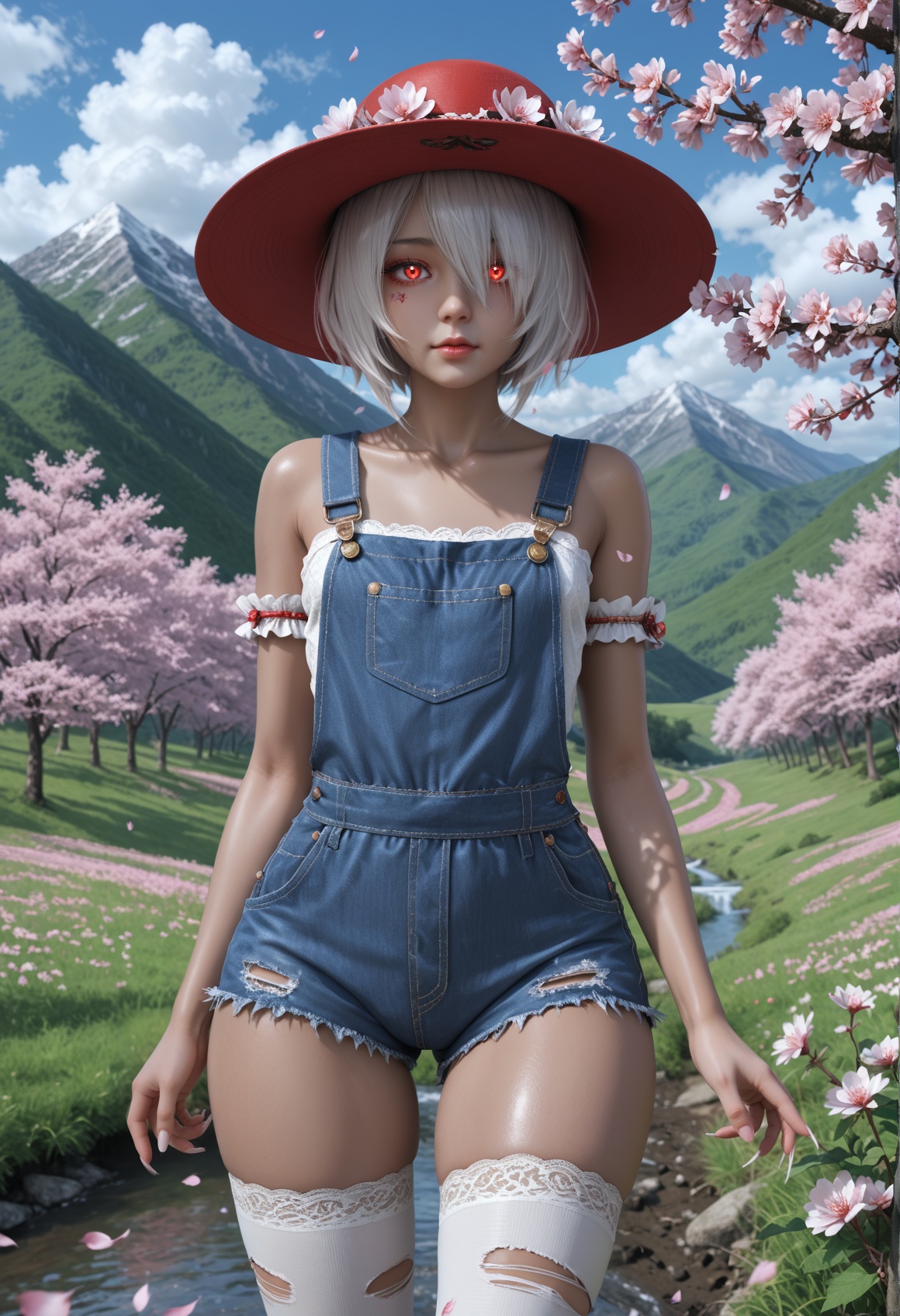 (score_9),fkbb,(monster girl),solo,torn clothes,hat,armlet,white hair,cross,short hair,red eyes,hair over one eye,red hat,glowing eyes,spiked armlet,nail armlet,mechanical tail,tail,<lora:perfect-eyes:0.8>,(front view:1.1),looking at viewer,red_nails,long_fingernails,nail,fingernails,sharp fingernails,collarbone,curvy,groin,thighhighs,OverallDetail,(grey_skin),(dark_skin),(deep_skin),meadow,stream,cherry_blossoms,flower,outdoors,mountain,sky,white cloud,cowboy shot,<lora:e色温:0.5>,<lora:e肤色滑块:0.5>,<lora:SkinRealityOrg_ponyv6_loraplus:0.25>,<lora:detailed_notrigger:0.8>,