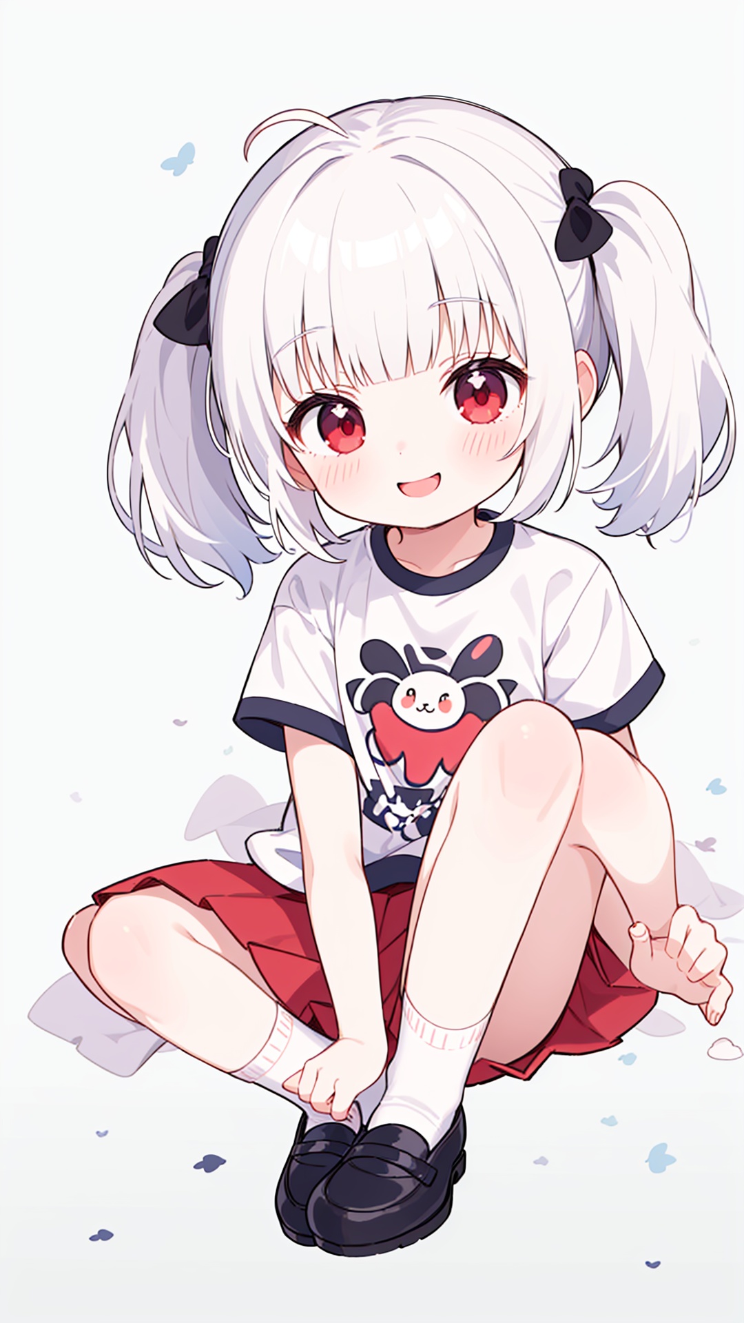 (masterpiece),(best quality),illustration,1girl,little loli,(child),kawaii,short hair,white hair,ahoge,blunt bangs,short twintails,(high twintails),hair_ornaments,pale_skin,red eyes,smile,short_sleeves,casual T-shirts,microskirt,bobby_socks,mary_janes,
