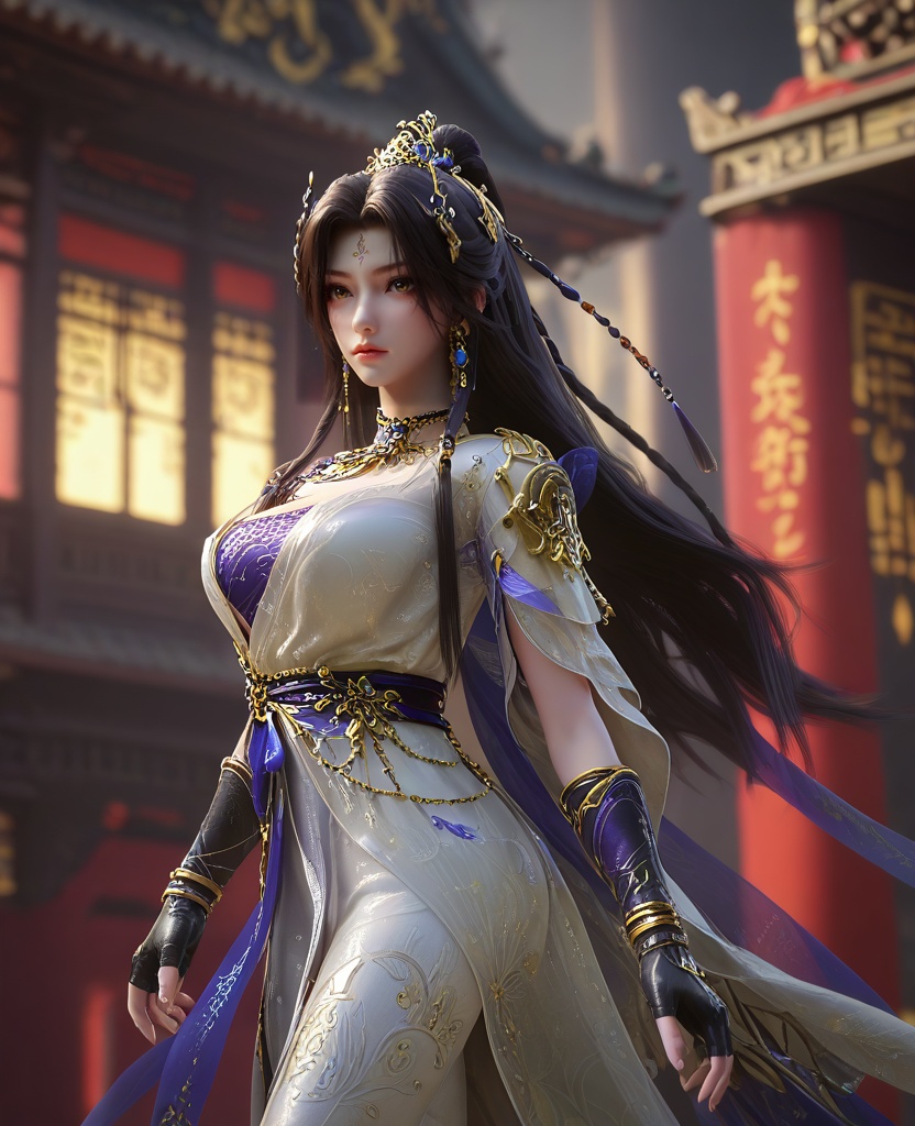 (oriental architecture, elegant decor, sophisticated style:1.1),(Crossing arms over chest,:1.1),(head out of frame:1.1),(large breasts:1.2),<lora:XL16云深不知梦羲和缉魔司:0.95>,missxihe,white dress with tulle skirt,brown eyes,forehead mark,black hair,very long hair,half-up braid with long cascading hair,hair ornament,jewelry,earrings,black fingerless gloves,white thigh boots,wide flowing sleeves,blue violet bandeau,sash,, score_9,score_8_up,score_7_up,score_6_up,score_5_up,score_4_up,3d rendering,tag1,tag2, Cinematic Lighting,backlighting,