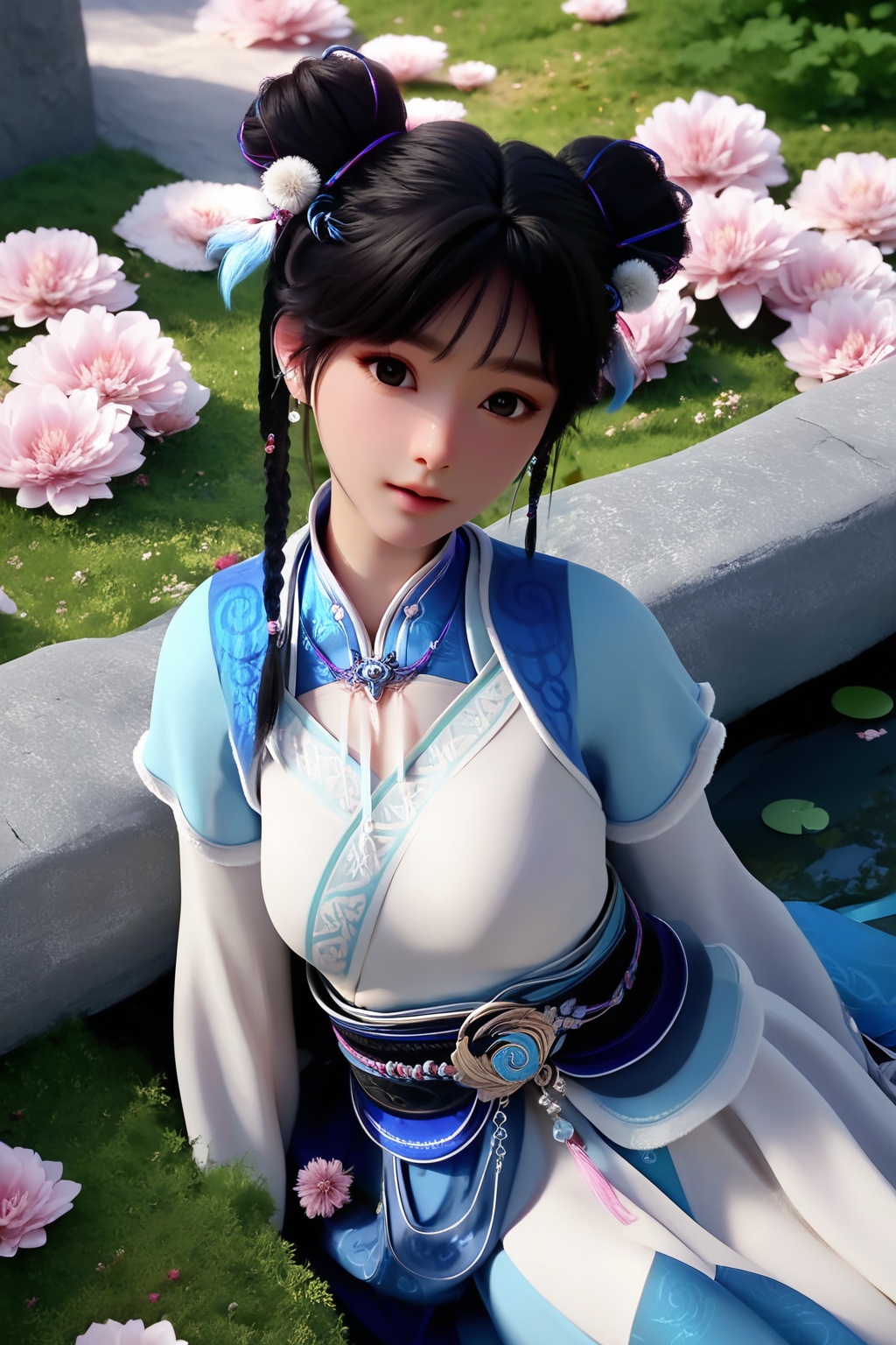 (Resting against a pile of vintage suitcases, she prepares for a journey of discovery and self-reflection:1.2),looking at viewer,<lora:XL16神国之上宁小龄:0.85>,preteen girl,white dress,blue bolero,black hair,braid,double bun,hair ornament,jewelry,sash,necklace,(large breasts:1.2),short dress,tree,flower,pink_flower,water,stone,flowers_Surrounded,pondel,, score_9,score_8_up,score_7_up,score_6_up,score_5_up,score_4_up,3d rendering,tag1,tag2, Cinematic Lighting,backlighting,