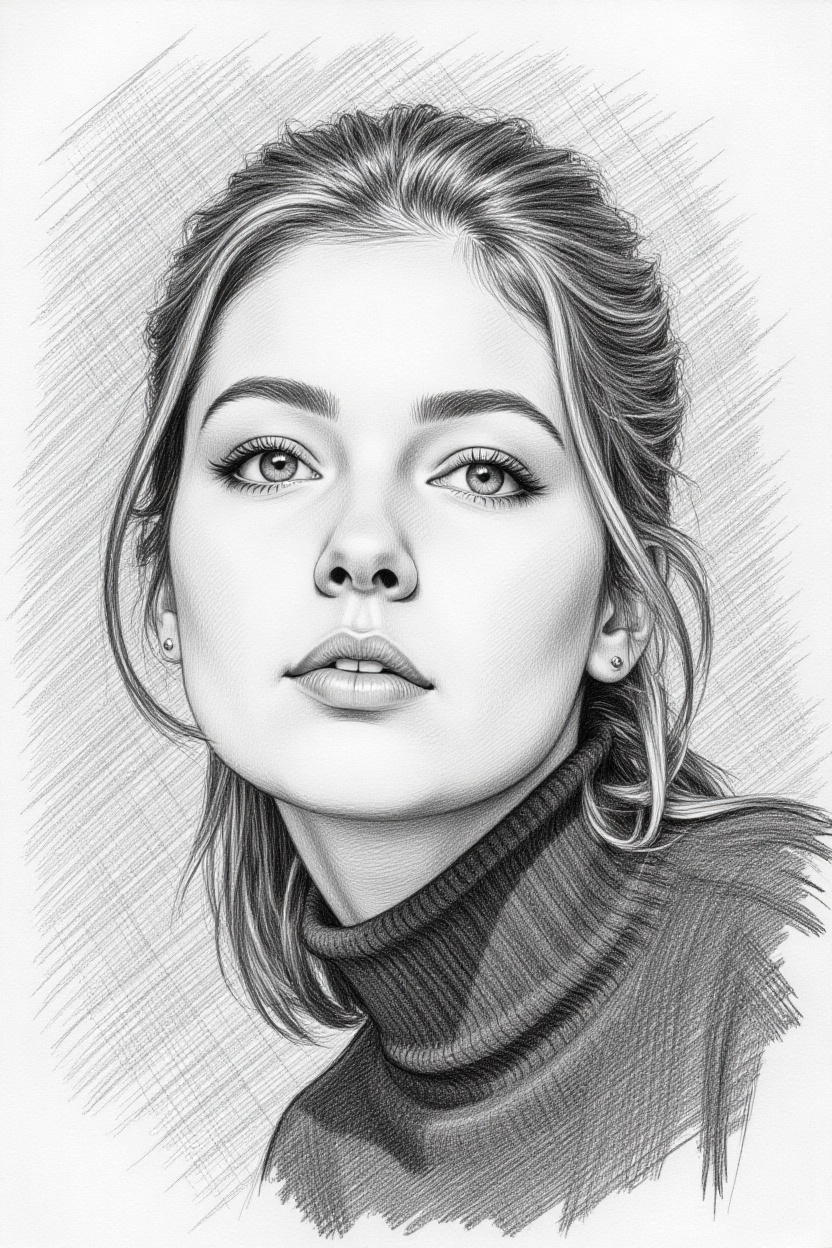 Pencil drawing,  { "prompt": "Graphite pencil sketch of a woman in a high-angle close-up portrait.",  "person": "A young w...