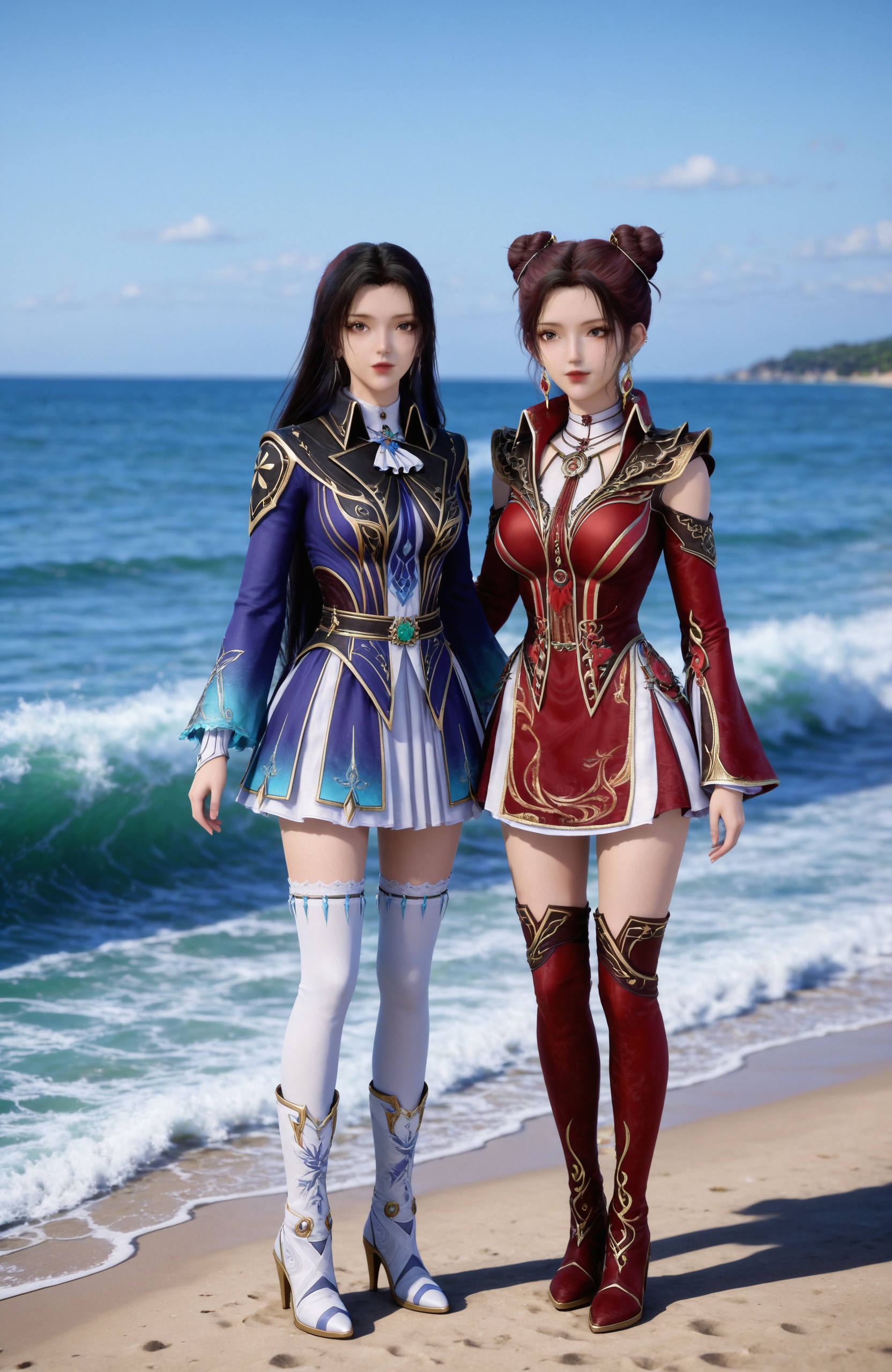 <lora:斗罗大陆2凌落宸+马小桃双人Pony2:0.7> 2girls, long hair, black hair, blue eyes,brown hair, hair bun, earrings,brown eyes,, detached sleeves, long sleeves, white thighhighs, red thighhighs,red thigh boots,white thigh boots, blue dress, red dress,, standing,Seaside,beach,waves,full body,