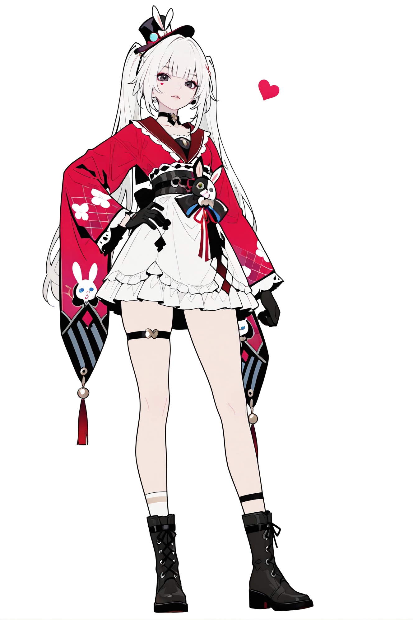 masterpiece,best quality,very aesthetic,absurdres,f1atg1r1,newest,very awa,newest,very detailed,luminous Contrast,highlights,rating_explicit,NSFW,vibrant,pin-up pose,perfect anatomy,sharp details,high contrast,kawaii anime style,vivid colors,pastel colors,realistic,(flat color:2),(flat vector:1.5),elle,gorgeous beauty,expressive,detailed face,beautiful eyes,detailed black eyes,nude,very skinny,pale skin,volumetric lighting,cinematic lighting,cinematic atmosphere,dynamic angle,full body,full shot,standing,(solo:1.2),simple background,(white background:1.2),hand on own hip,(white background:1.1),looking at viewer,<lora:huahuoXhuohua-ill-Tanger:0.8>,Sparxie \(Honkai: Star Rail\),white hair,heart and diamond facial marks,clothes: Sparxiedef red-and-white short dress,1girl,long hair,long sleeves,hat decorated with a rabbit plush,twintails,boots,black gloves,wide sleeves,kimono,black footwear,black bow,thigh strap,top hat,<lora:Flat_Vector_V2:0.8>,