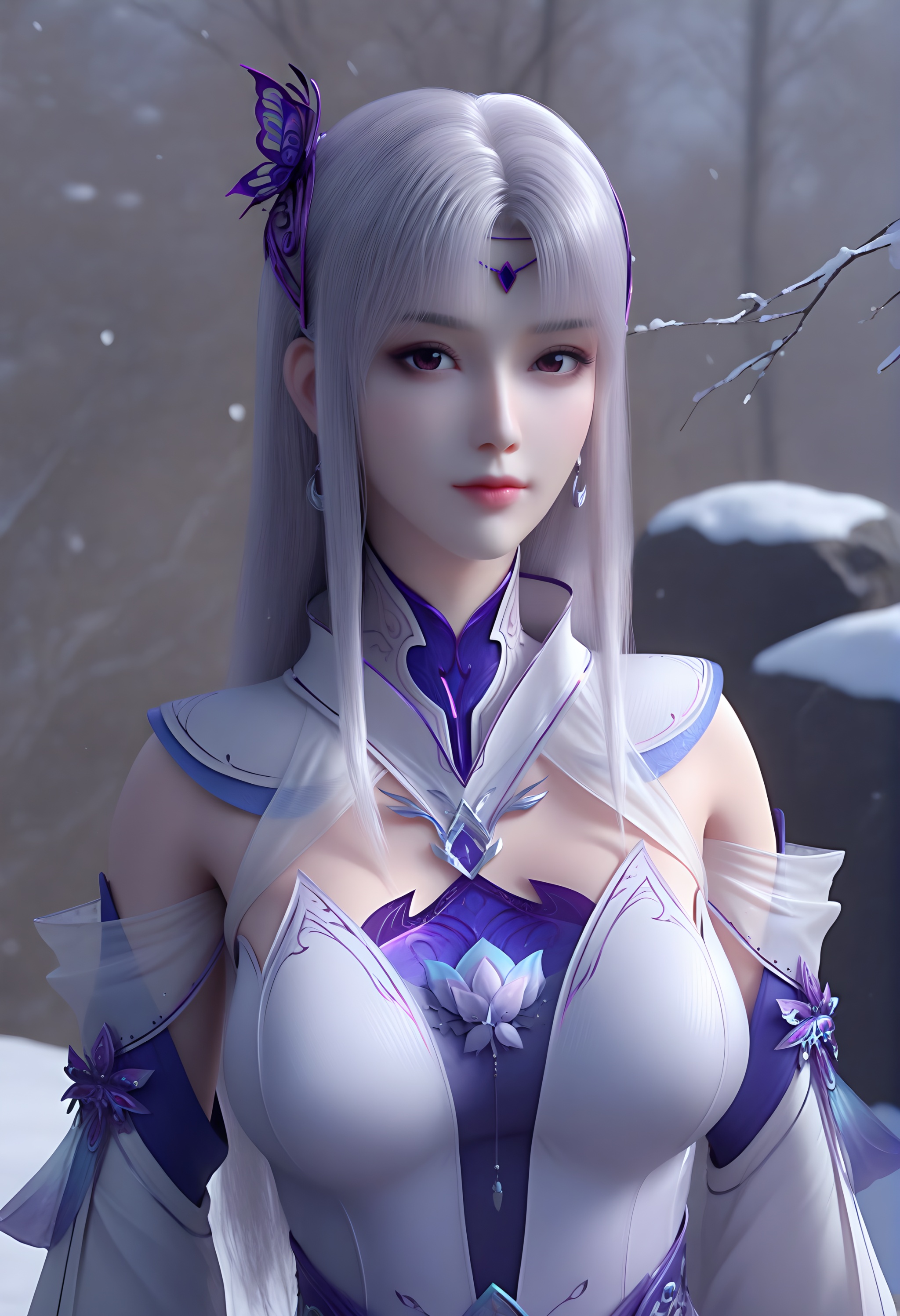 (score_9),<lora:小医仙白-apony:0.83>,xiaoyixian,solo,1girl,hair ornament,long hair,silver hair,headpiece,butterfly hair ornament,crescent earrings,detached collar,chest jewel,dress,detached sleeves,jewelry,<lora:Expressive_H-000001:0.8>,light blush,looking at viewer,front view,spoken heart,dutch angle,dynamic_angle,(mature_female:1.2),collarbone,pointy breasts,puffy breasts,(large teardrop breasts),<lora:e肤色滑块:0.5>,fair_skin,(pale_skin),(white_skin),<lora:e色温:0.35>,light skin,ultra-detailed skin texture,detailed textures,<lora:皮肤凹痕:1.2>,BREAKsimple background,in snow,Tyndall effect,available light,depth of field,tree,snowflakes,branch,twig,Tyndall effect,available light,depth of field,rock,4K ultra HD,sharp focus,high detail,natural lighting,high contrast,
