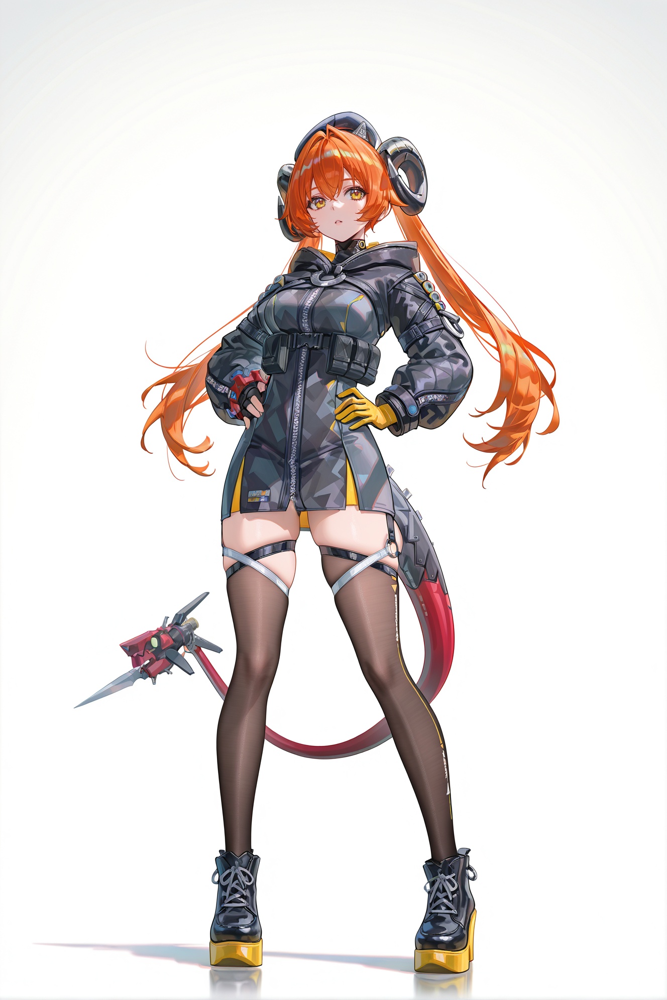 8k,best quality,masterpiece,(ultra-detailed),(high detailed skin),((artist:reoen),(artist:fuzichoco),(artist:atdan),(artist:torino_aqua),year 2024:0.8)1girl,[artist:wlop],[artist:ningen_mame],artist:ciloranko,[[artist:rhasta]],artist:tidsean,colorful,full body,full shot,standing,(solo:1.2),simple background,(white background:1.2),hand on own hip,(white background:1.1),<lora:afsguhuo-ill-Tanger-000014:0.8>,Orphie Magnusson \(Zenless Zone Zero\),clothes: guihuo def black jacket,black goat horns,guihuo black-and-red tail,guihuo asymmetrical gloves,1girl,thighhighs,long hair,orange hair,twintails,black footwear,breasts,hat,