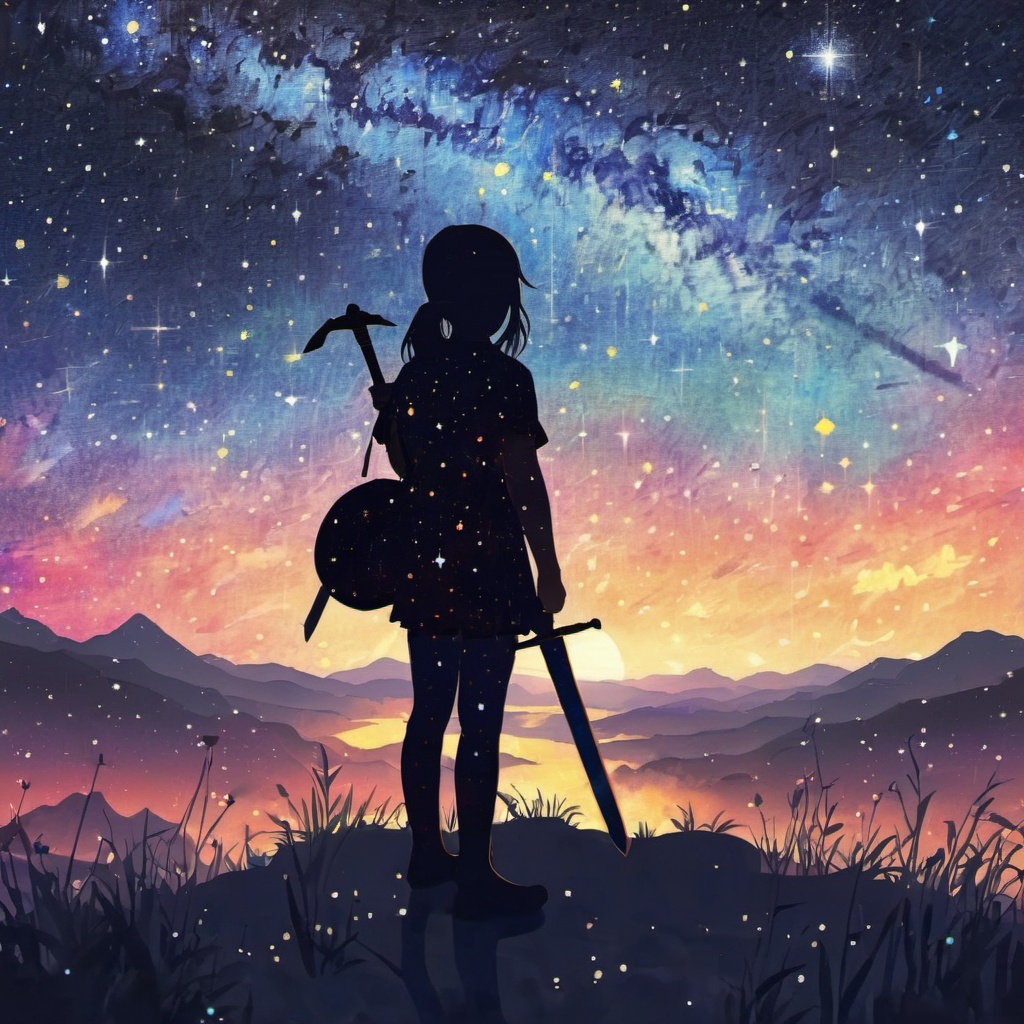 <lora:ukiyo-e_xl:1>,the background is a starry night sky,a silhouette of a girl holding a sword,a brightly colored sword t which maps the starry sky and the milky way inside,halo,ethereal,