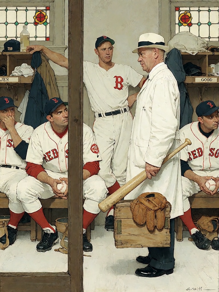 Bradhamel art style. A detailed painting of a classic baseball team locker room scene,  featuring multiple players in whit...