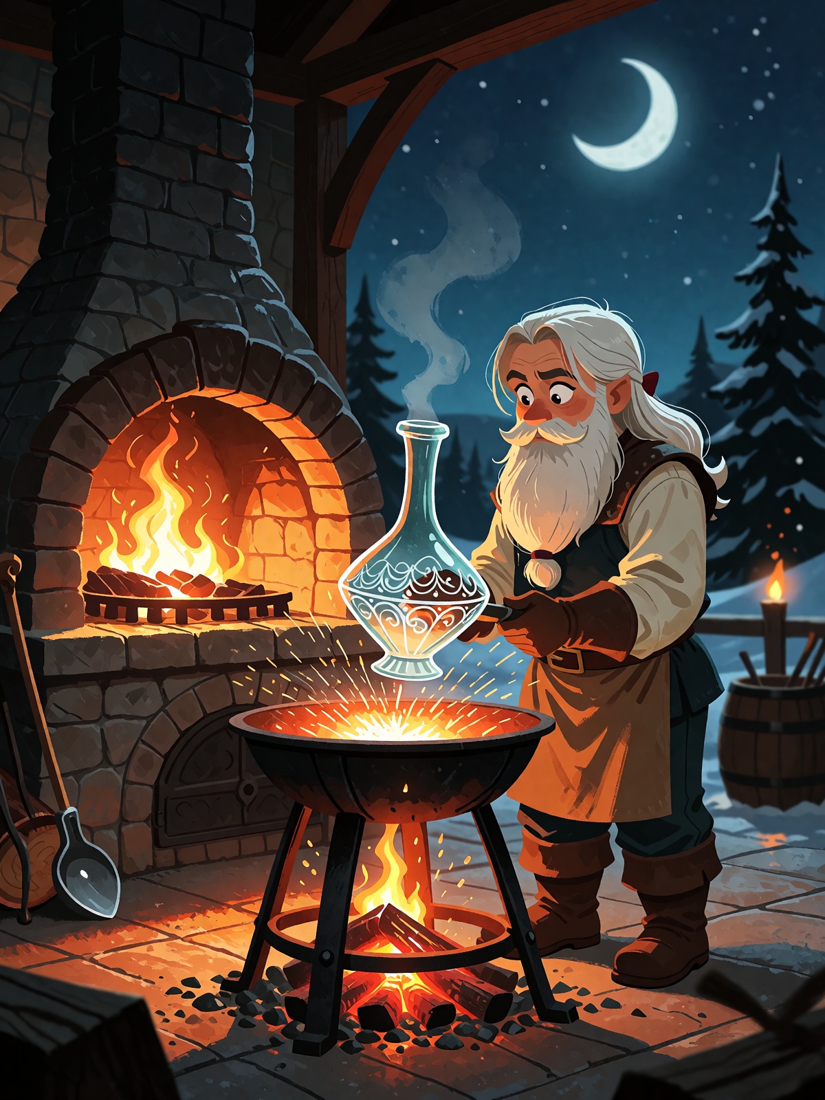 A dwarven blacksmith's forge at night,  sparks flying,  the smith squinting at a delicate glass slipper he's clearly been...