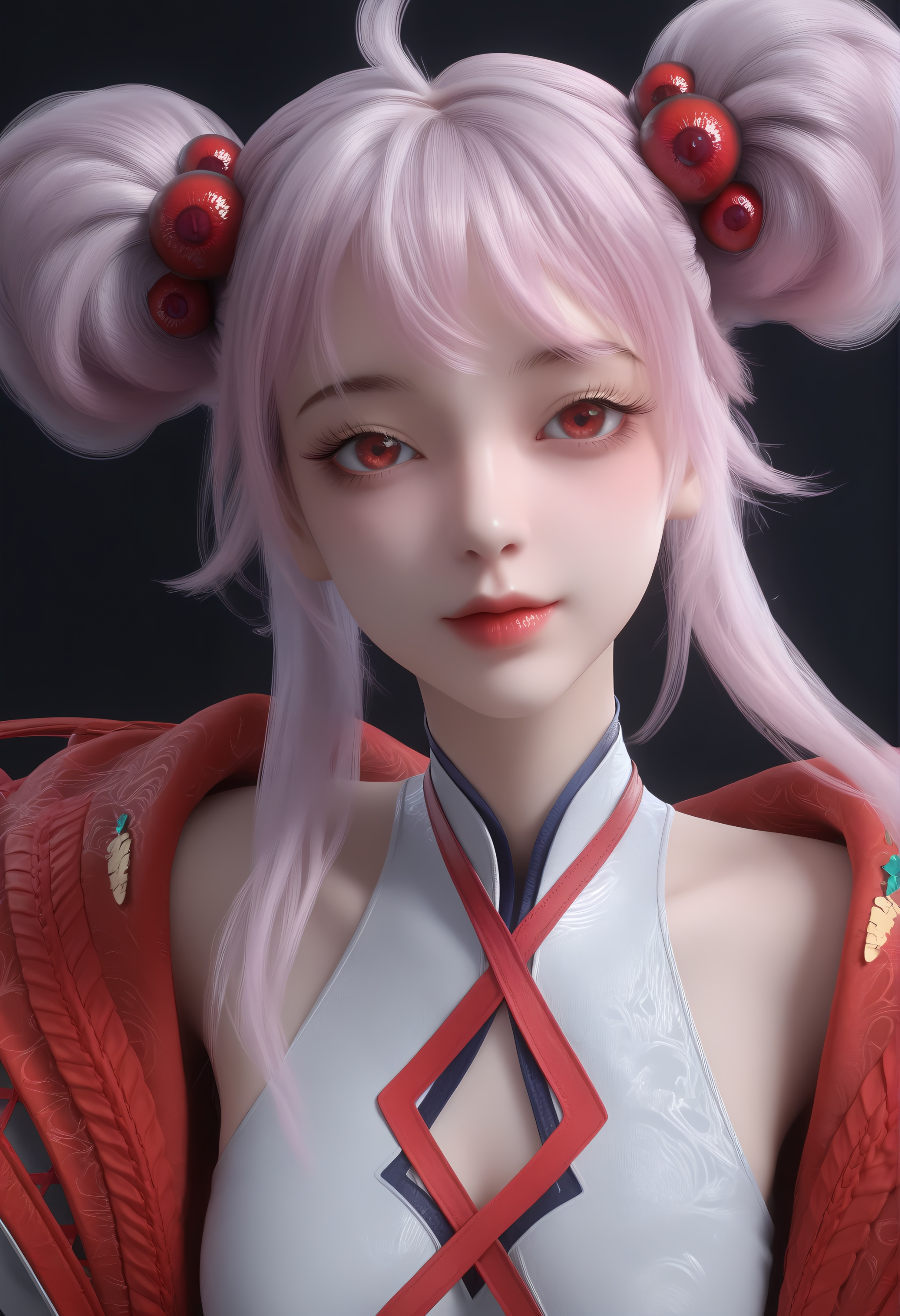 (score_9),<lora:炙珠-apony:0.83>,zizhu,1girl,solo,red eyes,double bun,hair ornament,pink hair,ahoge,open jacket,sleeveless topwear,puffy sleeves,mature_female,collarbone,BREAK<lora:Expressive_H-000001:0.8>,light blush,Expressiveh,looking at viewer,front view,<lora:e肤色滑块:0.25>,fair_skin,(pale skin),ultra-detailed skin texture,detailed textures,<lora:皮肤凹痕:1.2>,<lora:RealisticSkinv1_ponyv6_loraplus:0.3>,real skin,BREAKsimple background,black background,<lora:e色温:0.25>,4K ultra HD,sharp focus,high detail,high contrast,