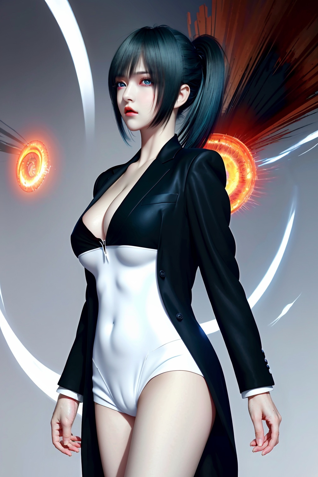 Suit girl,masterpiece,high quality,beautiful wallpaper,16k,anime,illustration,positive perspective,(Hell background :1.4),(Standing on magma :1.3),perfect body,exquisite features,cold girl,((solo)),((1girl)),full bangs,short hair,(blue and white gradient hair :1.3),black hair,high ponytail,colored inner hair,fairy ears,beautiful blue eyes,(gradient eyes),(glowing eyes),blue eyeshadow,(different eyes),Expressionless,western-style clothing,black and white tones,(black suit on the body :1.5),(white shirt),(black red heels),(white shirt),(undressed :1.5),// red tie //,thin,sexy,((big breasts)),(tall body),Great height,nine-headed,<lora:QILIN_20240413221153-000004:0.8>,