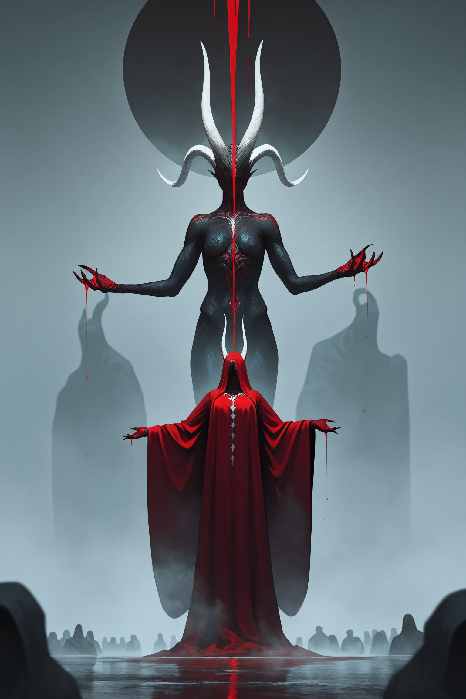 masterpiece,1girl,abstract,blood drip,demon claws,colored skin,huge white horns,monster,multiple others,no eyes,outstretched arms,red robe,fog,solo focus,standing,<lora:anato_finnstark_illust_v10-000015:0.8>,