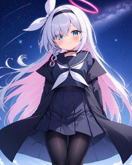 plana \(blue archive\),1girl, solo, smile, night_sky, halo, hair_over_one_eye, star_\(sky\), starry_sky, looking_at_viewer, alternate_costume, sailor_collar, pleated_skirt, black_serafuku, long_sleeves, blush, black_pantyhose, closed_mouth, shooting_star, single_braid, hair_ribbon, white_neckerchief, black_skirt, black_choker, bow_hairband<lora:plana_(blue_archive)_image5824_2023-12-03-000009:1>halo. gorgeous,key visual, vibrant, studio anime,award-winning, professional, highly detailed,high budget, cinemascope