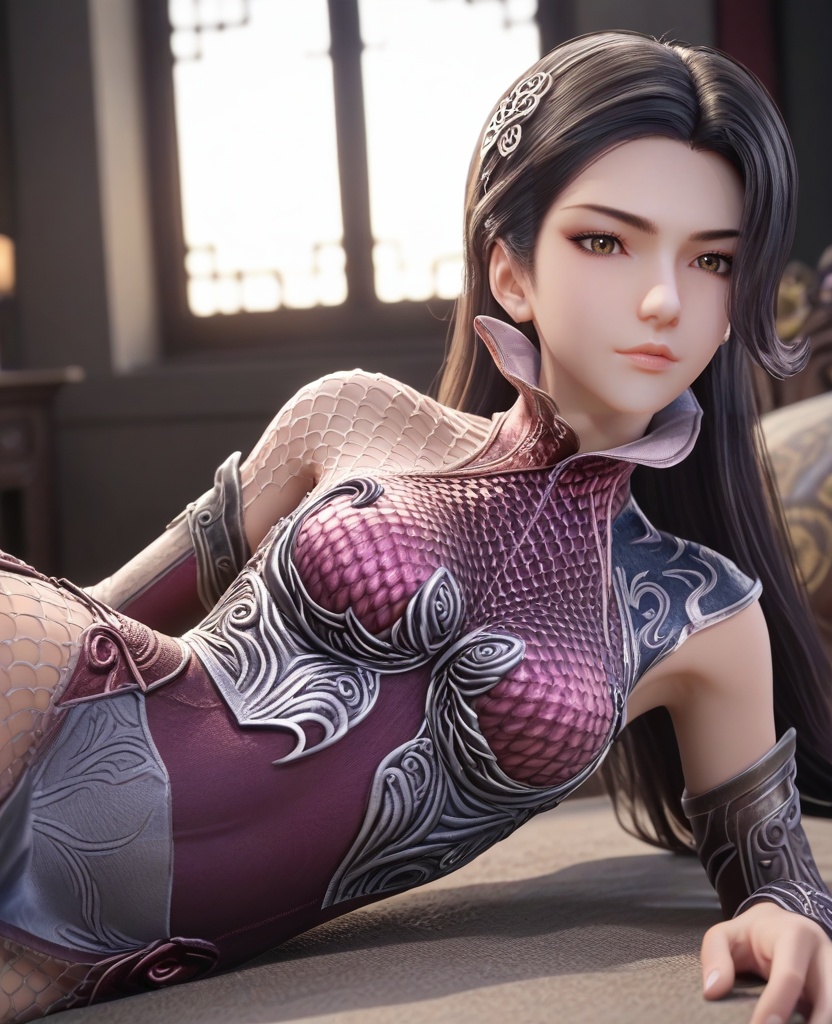 (oriental architecture, elegant decor, sophisticated style:1.1),(lying face down, head toward the camera:1.1),(breasts:1.2), <lora:XL16秦时明月惊鲵:0.95> miss jingni, corset dress with purple topwear and silver skirt, brown eyes, black hair, long hair, detached sleeves, barrettes, black leather left shoulder cut and mesh fabric on right shoulder, side slit, fishnet pantyhose, score_9,score_8_up,score_7_up,score_6_up,score_5_up,score_4_up,3d rendering,tag1,tag2, Cinematic Lighting,backlighting,