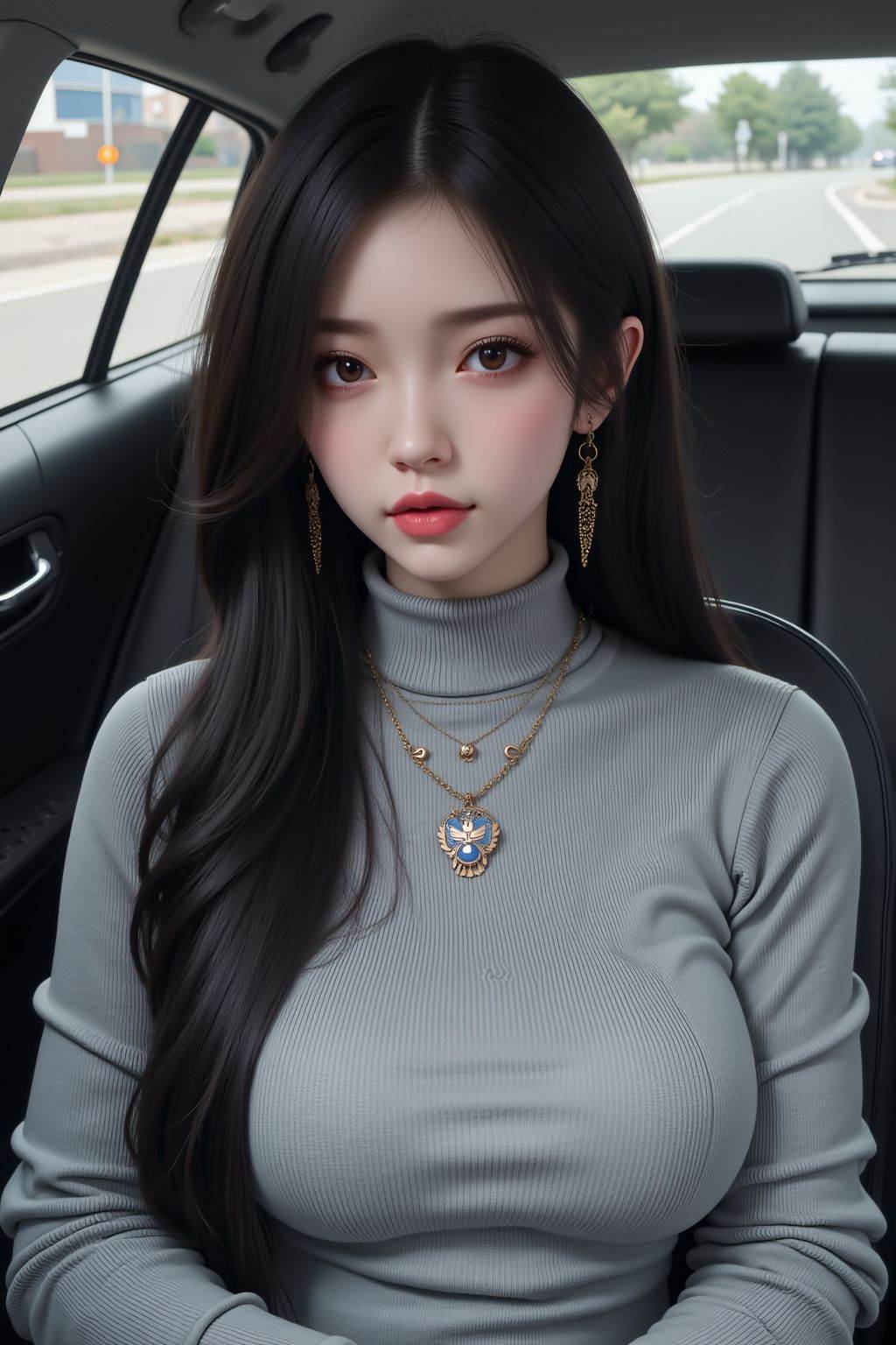 girl, solo, long hair, huge breasts, black hair, turtleneck sweater, jewelry, sitting, closed mouth, earrings, necklace, lips, ground vehicle, realistic, nose, car interior, <lora:AgainAnimeGirlF1Lora10_v2:0.8>