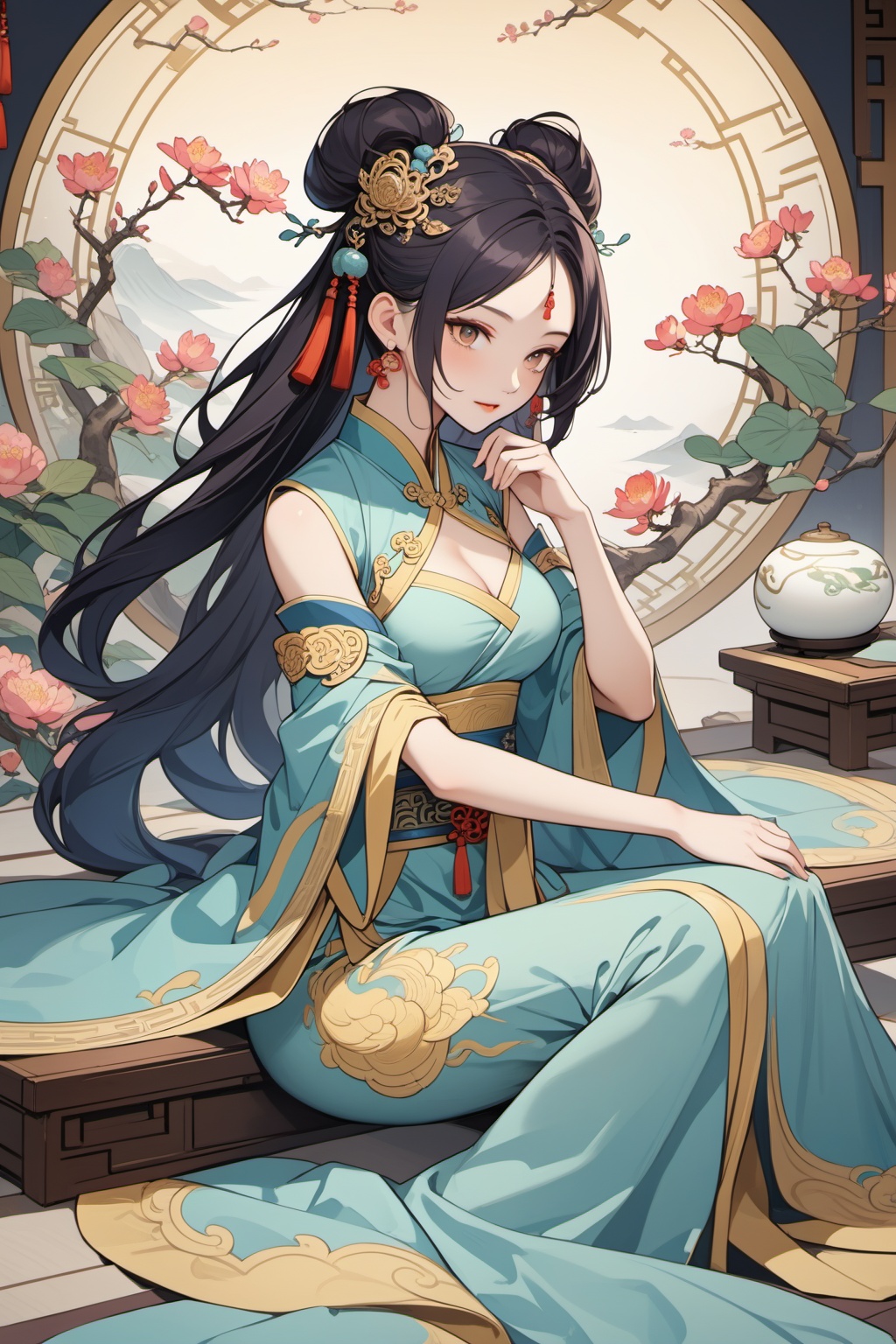(aquamarine and muted colors:0.1),Chinese Mythology,ingenious opus magnum with unrivaled details,evoking intimacy without explicit details,, masterpiece,best quality,very aesthetic,absurdres,
