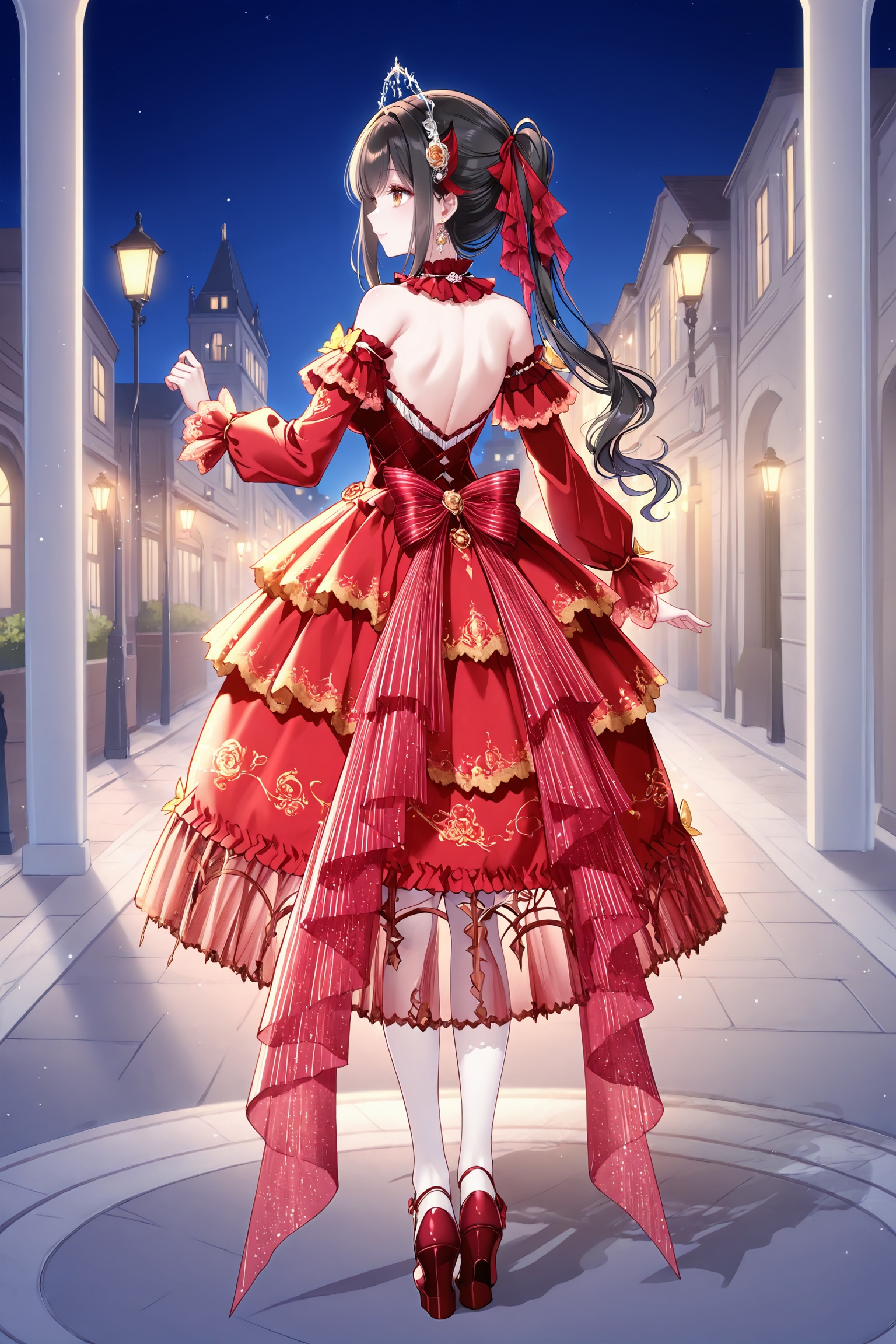 masterpiece,best quality,newest,absurdres,highres,soft shadows,year2024,mutou kurihito,[kimishima ao],[[[bison cangshu]]],[[[[[sheya]]]]],<lora:noaXLNAI:1>,noa,ponytail,black hair,brown eyes,hair ribbon,1girl,solo,smile,mature female,<lora:wishfulaurosaXLNAI:1.4>,wishful aurosa,dress,red dress,see-through sleeves,detached sleeves,strapless dress,dress flower,white thighhighs,print thighhighs,earrings,frilled dress,see-through dress,platform footwear,outdoors:1.2,street,cityscape,legs apart,large breasts,hand on own hip,arm up,night,dress tug,full body,from behind,