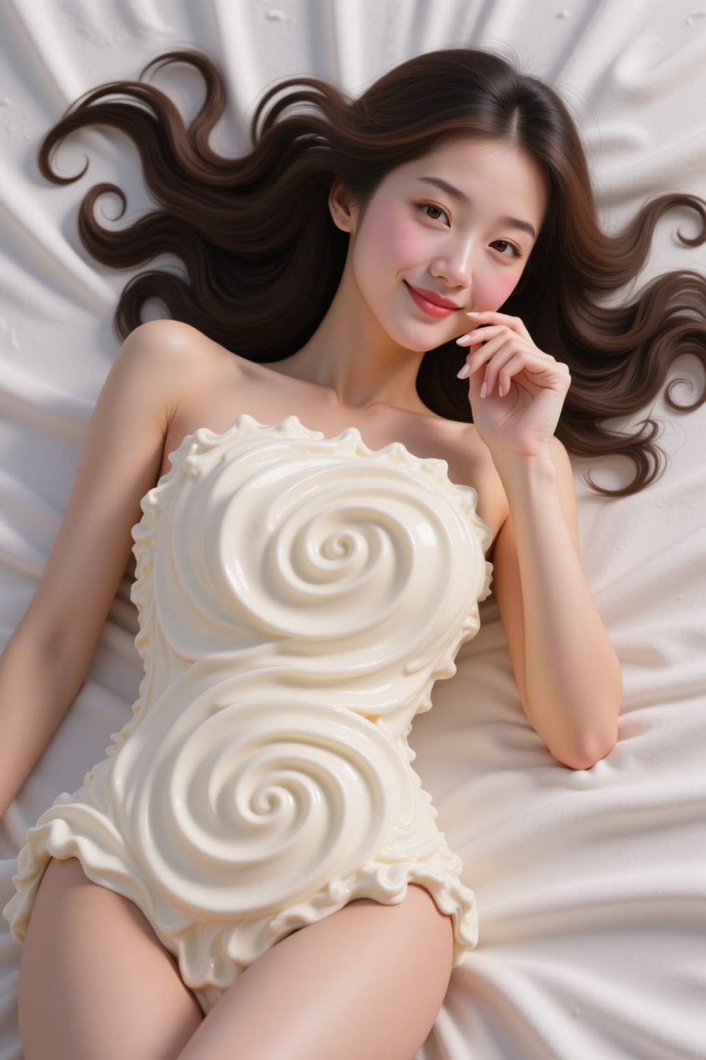 bjling,ice cream,1girl,delicate face,upper body,lying down,covered in an ice cream outfit,with a very good figure and sexy appearance. Photo,realistic,smiling happily,the ice cream on her body in a spiral state.close up,