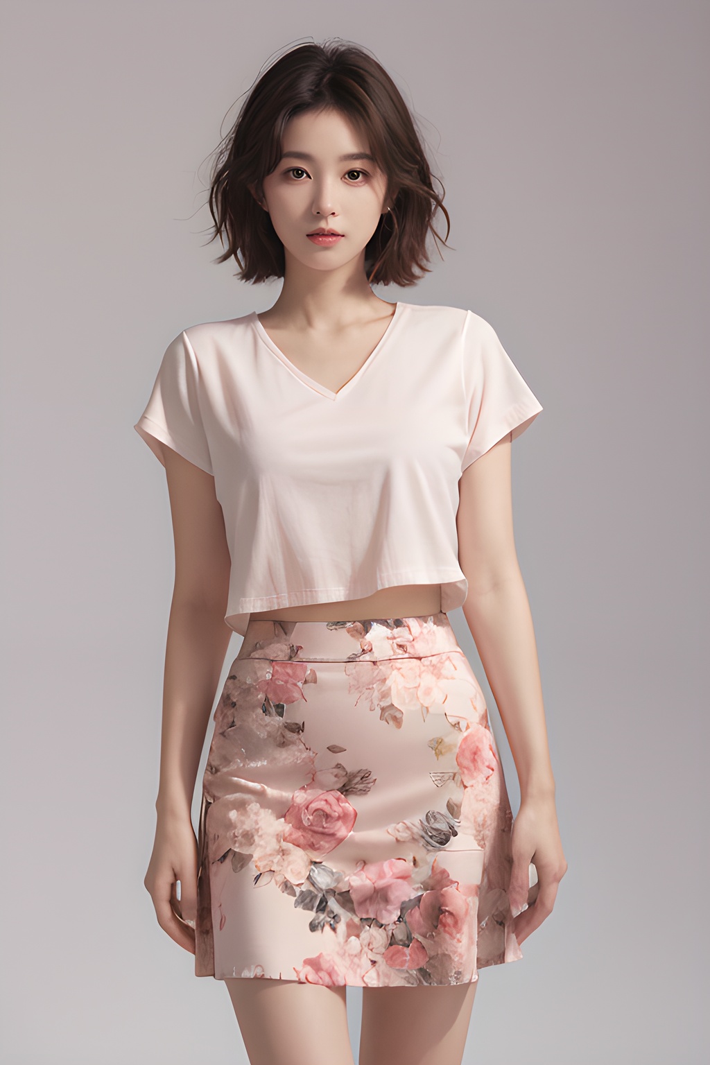 <lora:0818_02:0.7>,simple background,pink_floral_skirt,, 1girl,realistic,masterpiece, best quality, photorealistic, HDR,detail