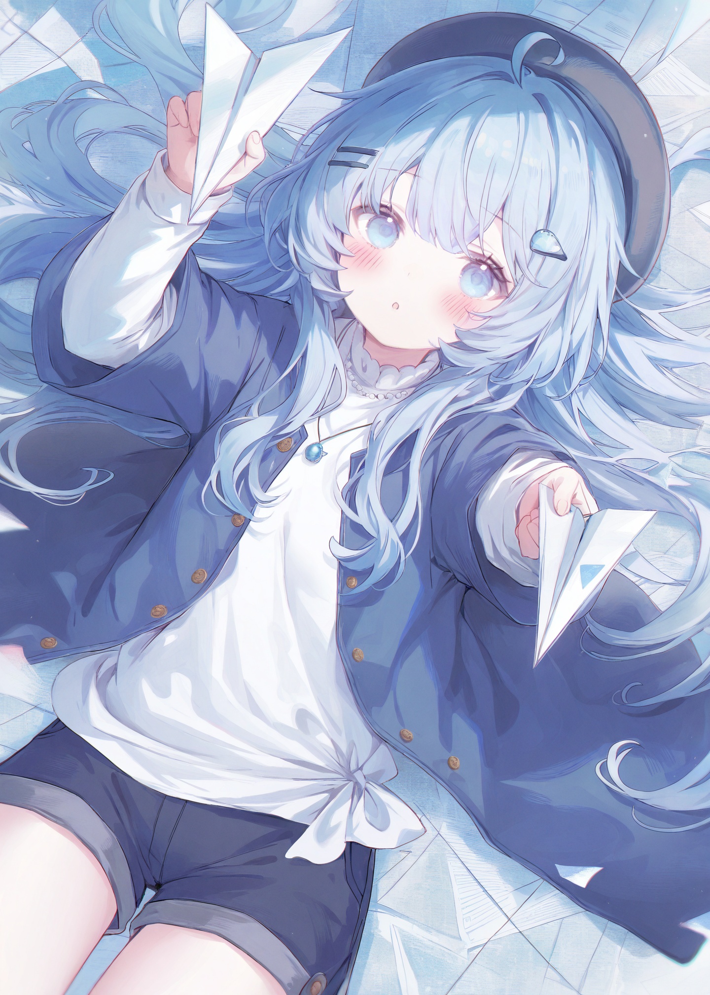 masterpiece,absurdres,best quality,petite,high quality,//,1girl, solo, long_hair, blue_eyes, hair_ornament, hat, shorts, looking_at_viewer, blue_hair, blush, paper, jacket, parted_lips, paper_airplane, white_shirt, shirt, jewelry, lying, ahoge, long_sleeves, layered_sleeves, black_headwear, open_mouth, holding, beret, cowboy_shot, necklace, hairclip, on_back, :o//,<lora:梅原生umehara_sei ——【CKXL】hans:0.9>,