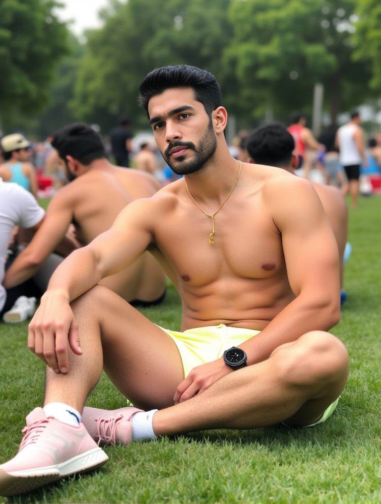 Harman Singha ,  Instagram Thirst trap photo. sitting on the grass in a public park in London. he's only wearing a pair of...