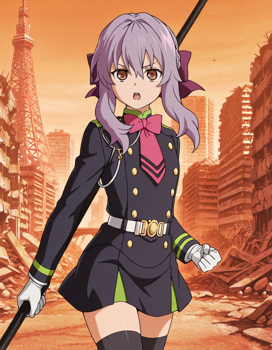 masterpiece, best quality, amazing quality, gradient background,1girl, looking at viewer, serious expression, sword, holding spear, serious, outdoors, fighting stance, open mouth, solo, ruins, city, rocks, tall building, post-apocalypse, road, vegetation, bridge, tokyo tower, orange theme,shinoa hiiragi (owari no seraph), long hair, purple hair, hair bow, half up braid, sidelocks, hair between eyes, brown eyes, purple hair bow,military uniform, aiguillette, double-breasted, pink bowtie, long sleeves, armband, white gloves, white belt, belt buckle, layered skirt, black thighhighs,<lora:shinoa_hiiragi-owari_no_seraph_s2-ixl-anime-soralz:1>