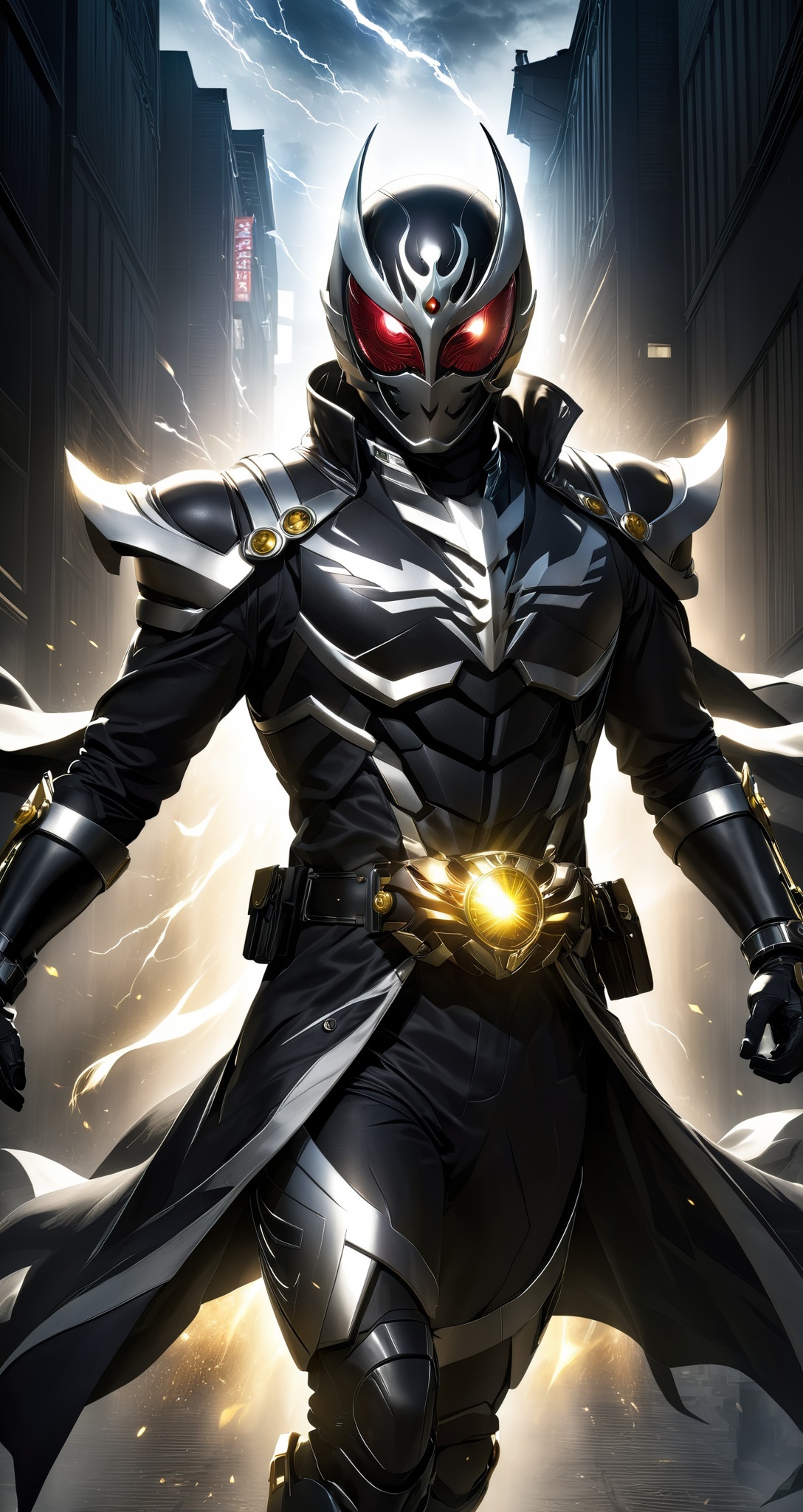 Kamen rider style,  a masked hero in the midst of light and shadow,  wearing a phantom war coat and a mysterious mask on T...