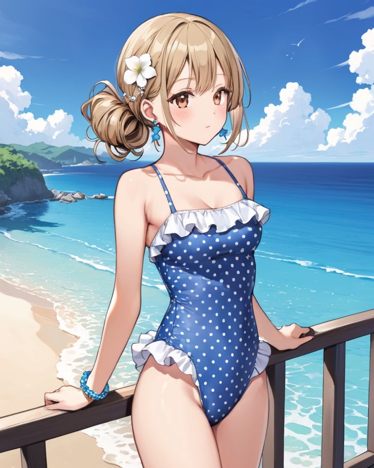 (best quality), ((masterpiece)), (highres), illustration, original, extremely detailed,<lora:SNQX:0.7>1girl, morikubo nono, solo, blush, swimsuit, day, outdoors, jewelry, ocean, one-piece swimsuit, hair ornament, drill hair, sky, brown eyes, cloud, polka dot swimsuit, railing, polka dot, frilled swimsuit, looking away, flower, frills, bracelet, hair flower, casual one-piece swimsuit, earrings, light brown hair, collarbone, beach, blue sky, short hair