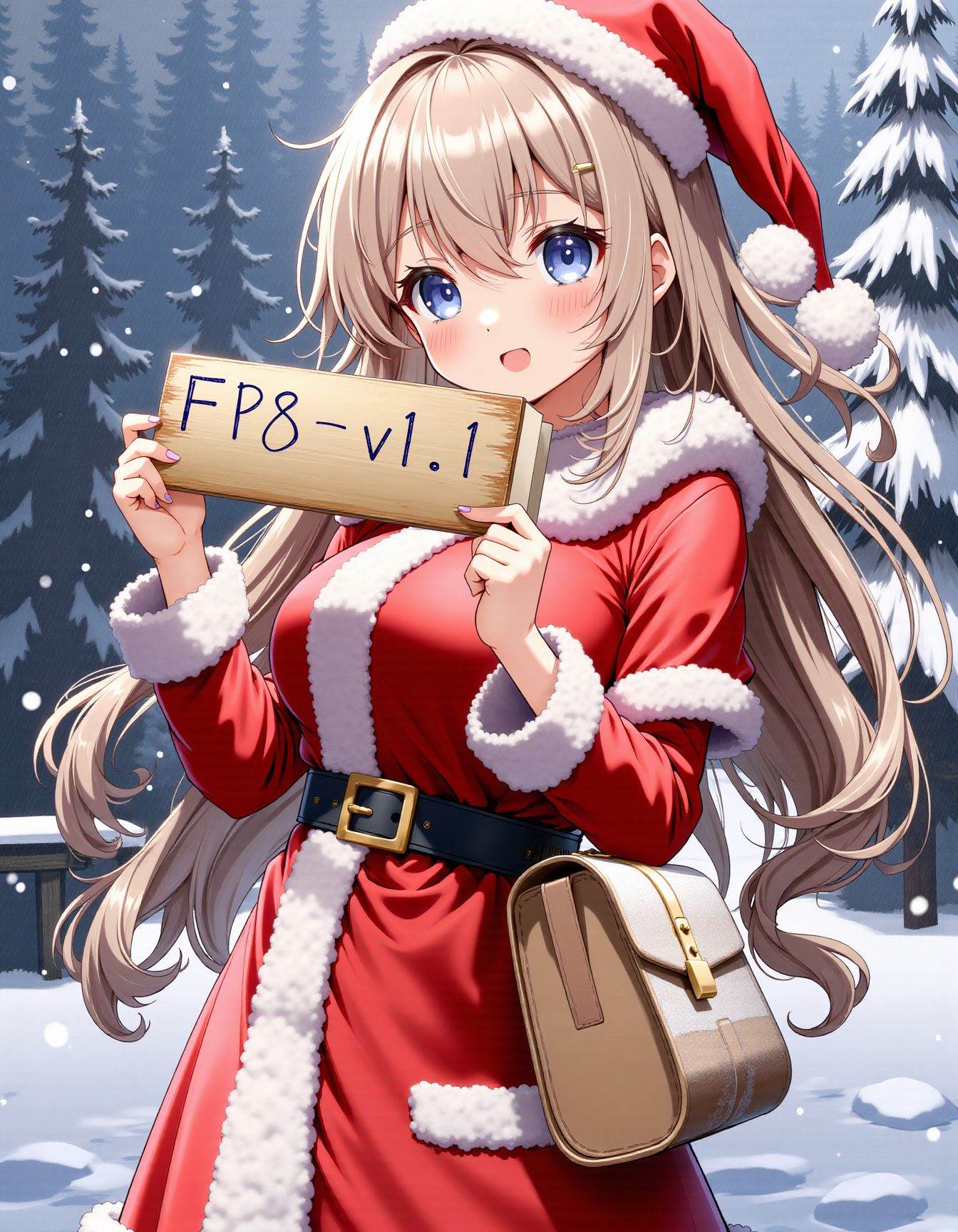 1girl clothed santa costume holding sign with "FP8-v1.1" written,  snowing on Tensor.Art