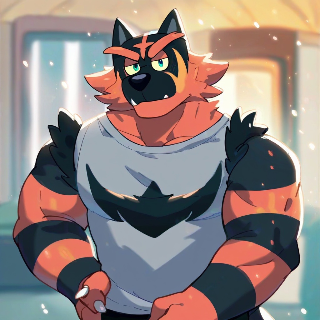 safe_pos, score_9, score_8_up, score_7_up, score_6_up, score_5_up, score_4_up, source_furry, hi res, bedroom, blurred background, particles, solo, Incineroar, looking at viewer, closed mouth, male, muscular, Bluey style