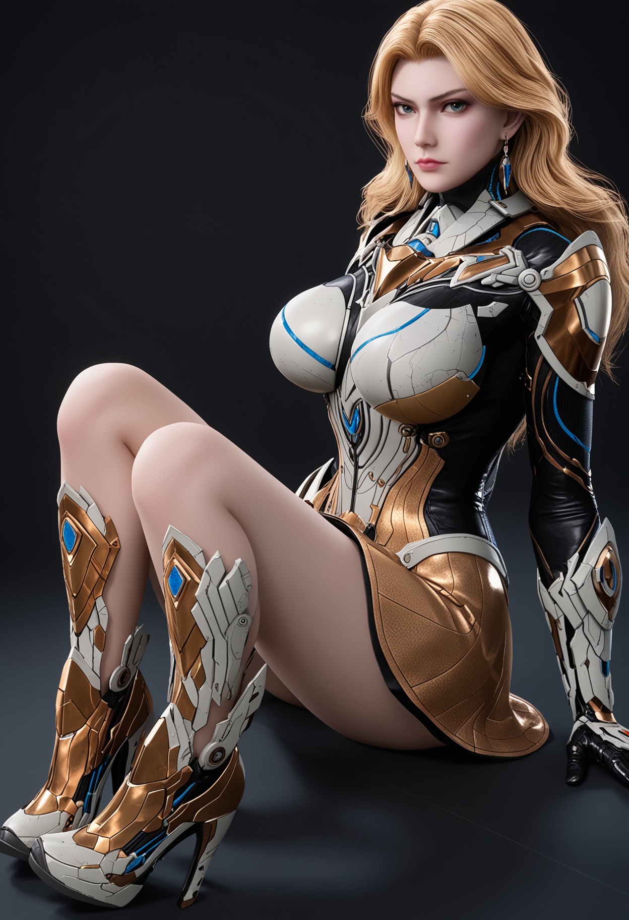 score_9,looking_at_viewer,full body,(large breasts:1.1),weinina,1girl,solo,blonde hair,long hair,earrings,jewelry,armor,bodysuit,blue eyes,realistic,skirt,high heels,sitting,(simple background,pure black background,black background:1.1),perfect_anatomy,<lora:QQSponyweininaV1:0.8>,