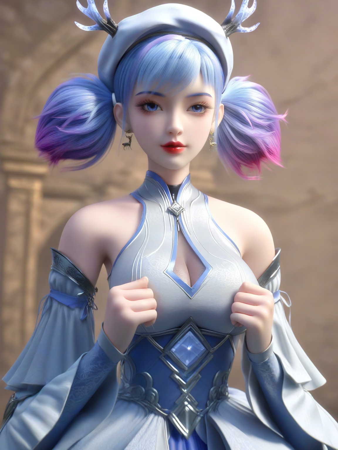 score_9,1girl,breasts,large breasts,standing,solo,eyeshadow,bangs,bare shoulders,beret,detached sleeves,dress,earrings,gradient hair,multicolored hair,lipstick,simple background,   looking at viewer,upper body,<lora:SF_XiaoMiLu_Pony_Realism2.3-000003:0.7>,