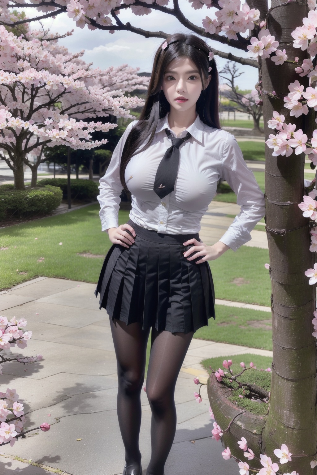 <lora:真人自制V1:1>,1girl,solo,pantyhose,skirt,cherry blossoms,outdoors,long hair,necktie,tree,school uniform,realistic,shirt,looking at viewer,pleated skirt,black hair,black skirt,hand on hip,day,white shirt,breasts,black pantyhose,collared shirt,hair ornament,brown hair,