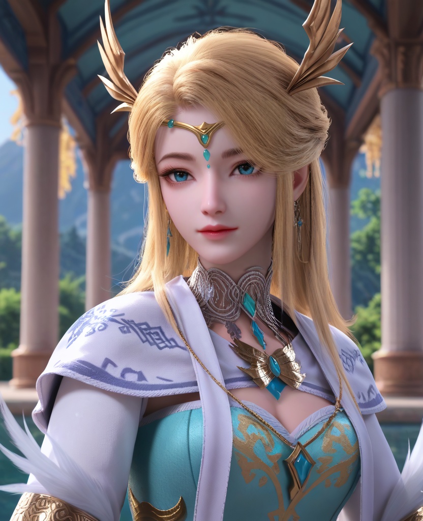 (oriental architecture, elegant decor, sophisticated style:1.1),(With feet placed together and arms wide open, she tilts her head back, soaking in the imaginary rays, embodying joy and freedom:1.1),(breasts:1.2),<lora:XL16长夜开拓者圣女维罗妮卡:0.95>,miss veronica,blue corset dress,blue eyes,blonde hair,half-up ponytail with hair over shoulder,hair ornament,jewelry,choker,tiered sleeves,earrings,, score_9,score_8_up,score_7_up,score_6_up,score_5_up,score_4_up,3d rendering,tag1,tag2, Cinematic Lighting,backlighting,