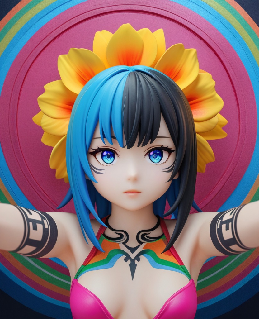 (,1girl, ,best quality, ),looking at viewer,  ,,ultra detailed background,ultra detailed background,ultra realistic 8k cg,, ,masterpiece, (( , )),ultra realistic 8k cgSurrounded by strange, movie perspective, advertising style, Colorful background, splash of color A beautiful woman with delicate facial features,tattoo all over body, flower arms, from below,