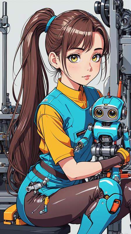 Anime,  an mechanic girl sits and fixes a small robot,  holding tool on Tensor.Art