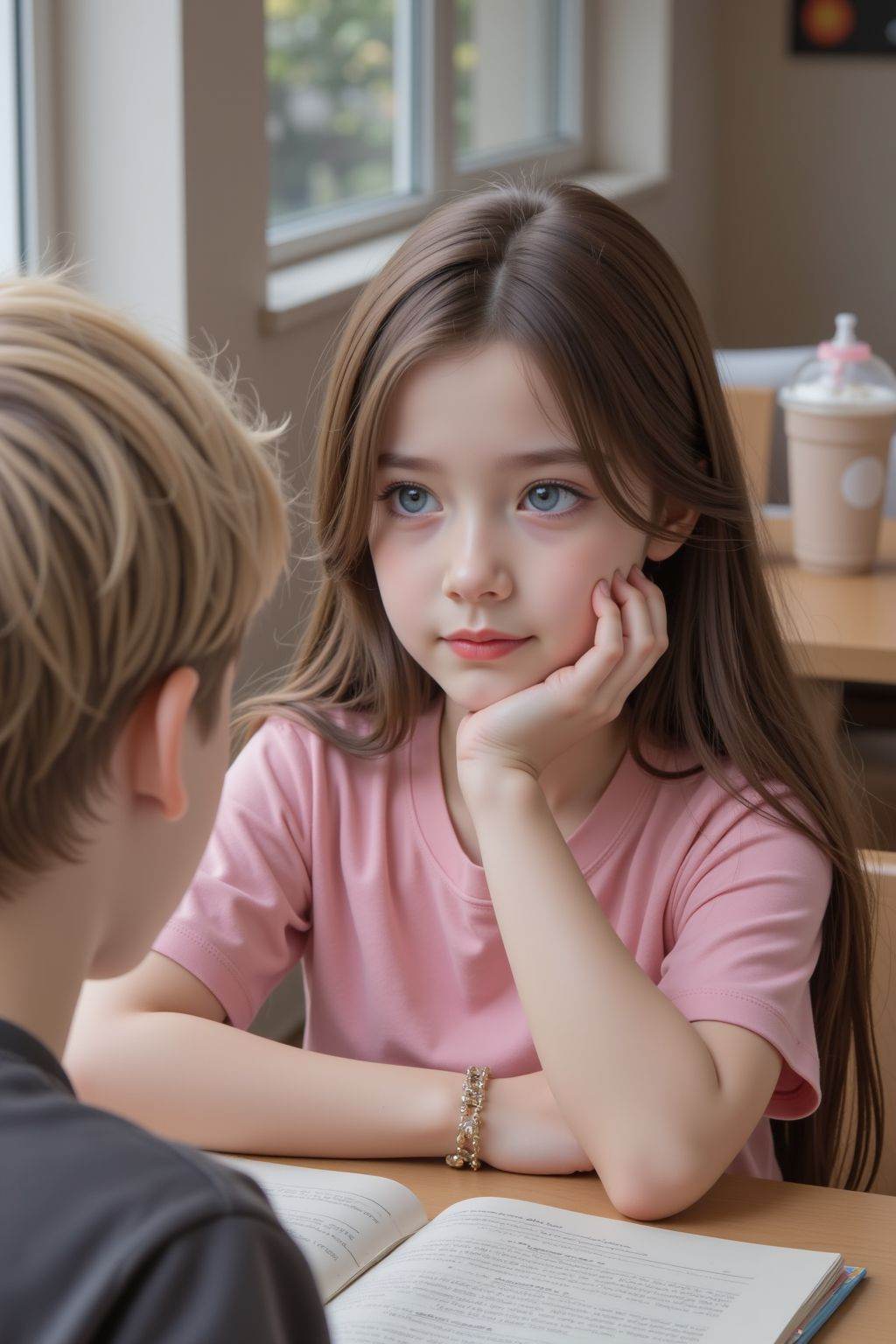 A girl with long brown hair and blue eyes is sitting at a table. She is wearing a pink shirt and has her hand on her chin. A boy with blonde hair is sitting in front of her. There is a book and a drink on the table.